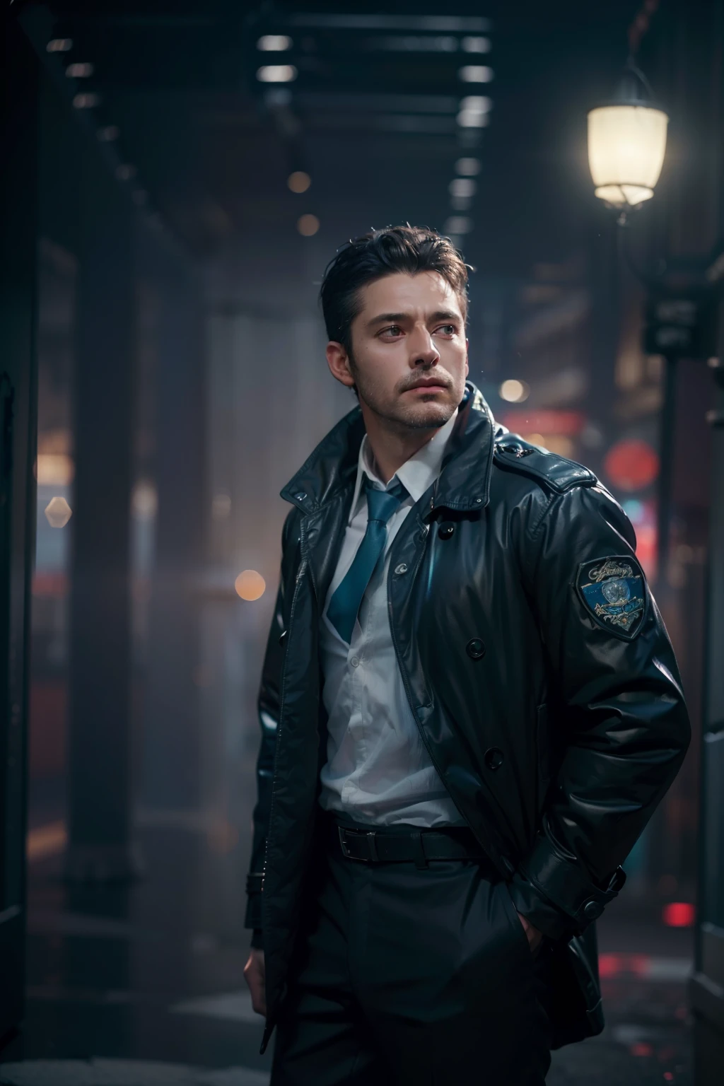 (
(Character: one English man, 40 years old, police, serious expression, short windswept hair, strong body)
(Clothing: blue police coat, Tie, social pants, shoes)
(Pose: full body shot:1.7, dynamic pose)
(blurry, intense urban lights in background)
(Style: ((masterpiece:1.5)), (face detailed), photo-realistic:1.3, hyperrealistic, foggy, high contrast, shiny skin, soft lighting, backlighting, bloom, light sparkles, chromatic aberration)