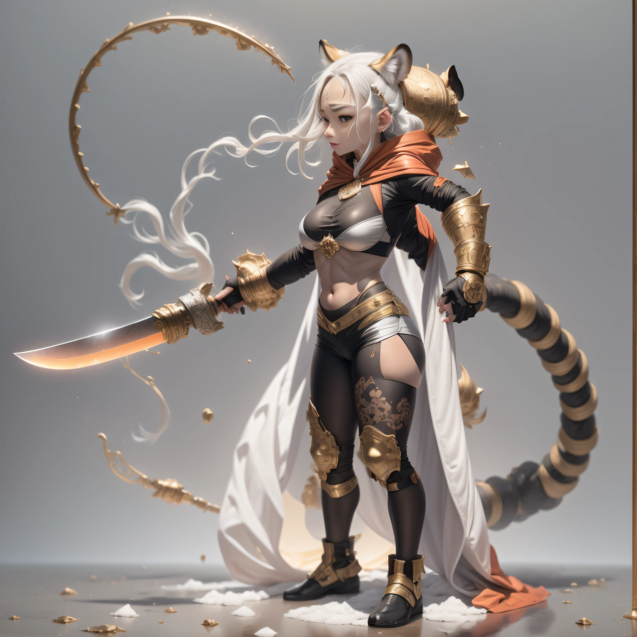 Copper model，Tiger hood， Silver weapons，Half body side， Weapons of the future， 32K, Linen cloak, Top quality, Masterpiece:Faust，,1 child， short detailed hair， thin fog， （tmasterpiece，k hd，hyper HD，16k）,clutching a sword，blood sky， Brunette knife， Shorts smoke， ， 独奏，Ivory white background