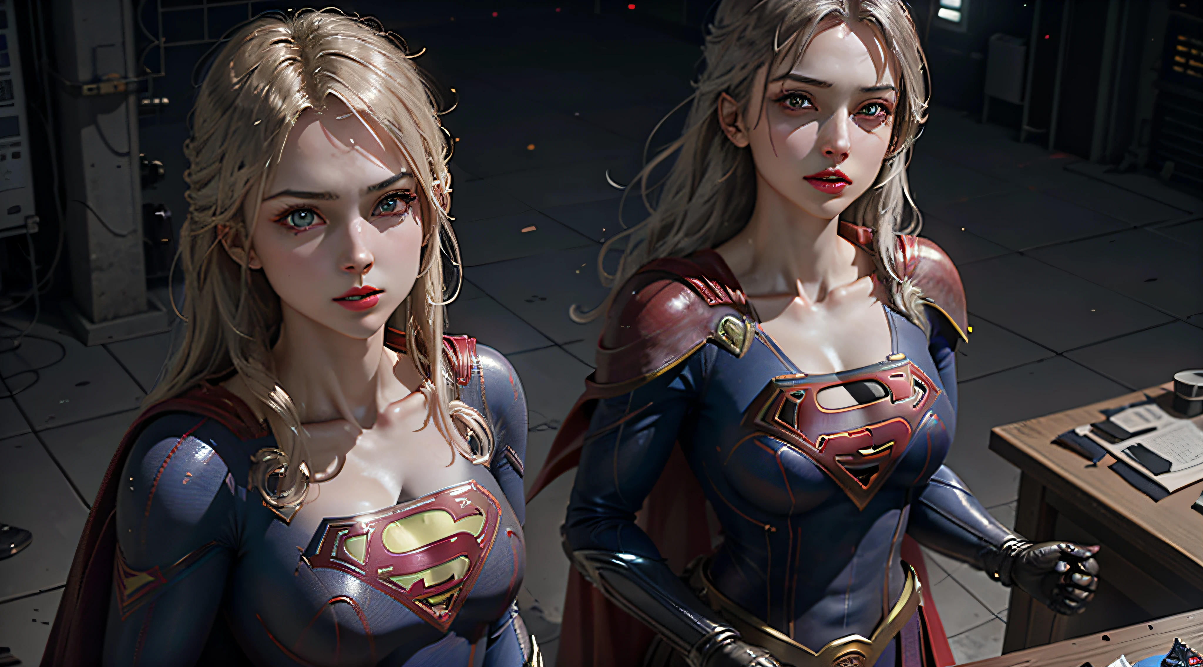 ((Best Supergirl Quality)), ((masterpiece)), (detailed: 1.4), 3D, an image of a beautiful blonde woman with cyberpunk blue eyes,HDR (High Dynamic Range),Ray Tracing,NVIDIA RTX,Super-Resolution,Unreal 5,Subsurface Dispersion, PBR Texture, Post-processing, Anisotropic filtering, Depth of field, Maximum clarity and sharpness, Multilayer textures, Albedo and specular maps, Surface shading, Accurate simulation of light-material interaction, Perfect Proportions, Octane Render, Two-Tone Lighting,Wide Aperture,Low ISO,White Balance,Rule of Thirds,8K RAW, Using Superman S symbol on Chest. Cyberpunk.