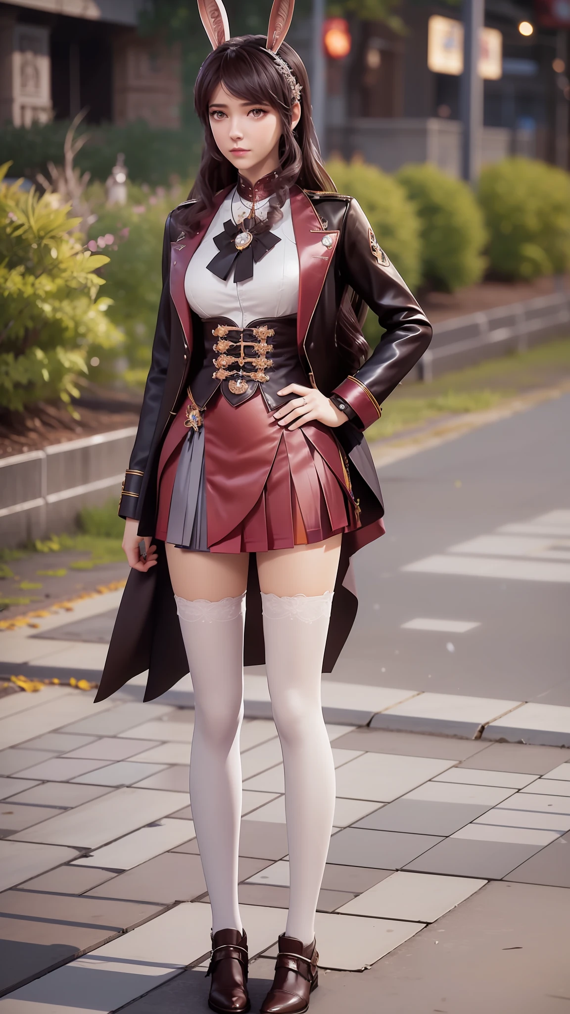 there is a woman in a skirt and a jacket posing for a picture, Surrealism female students, Surrealism female students, Realistic schoolgirl, thighhighs and skirt, photorealistic anime girl rendering, 3 d anime realistic, Smooth anime CG art, photorealistic full body, Photorealistic anime, Realistic anime 3 D style, photorealistic perfect body, wearing skirt and high socks