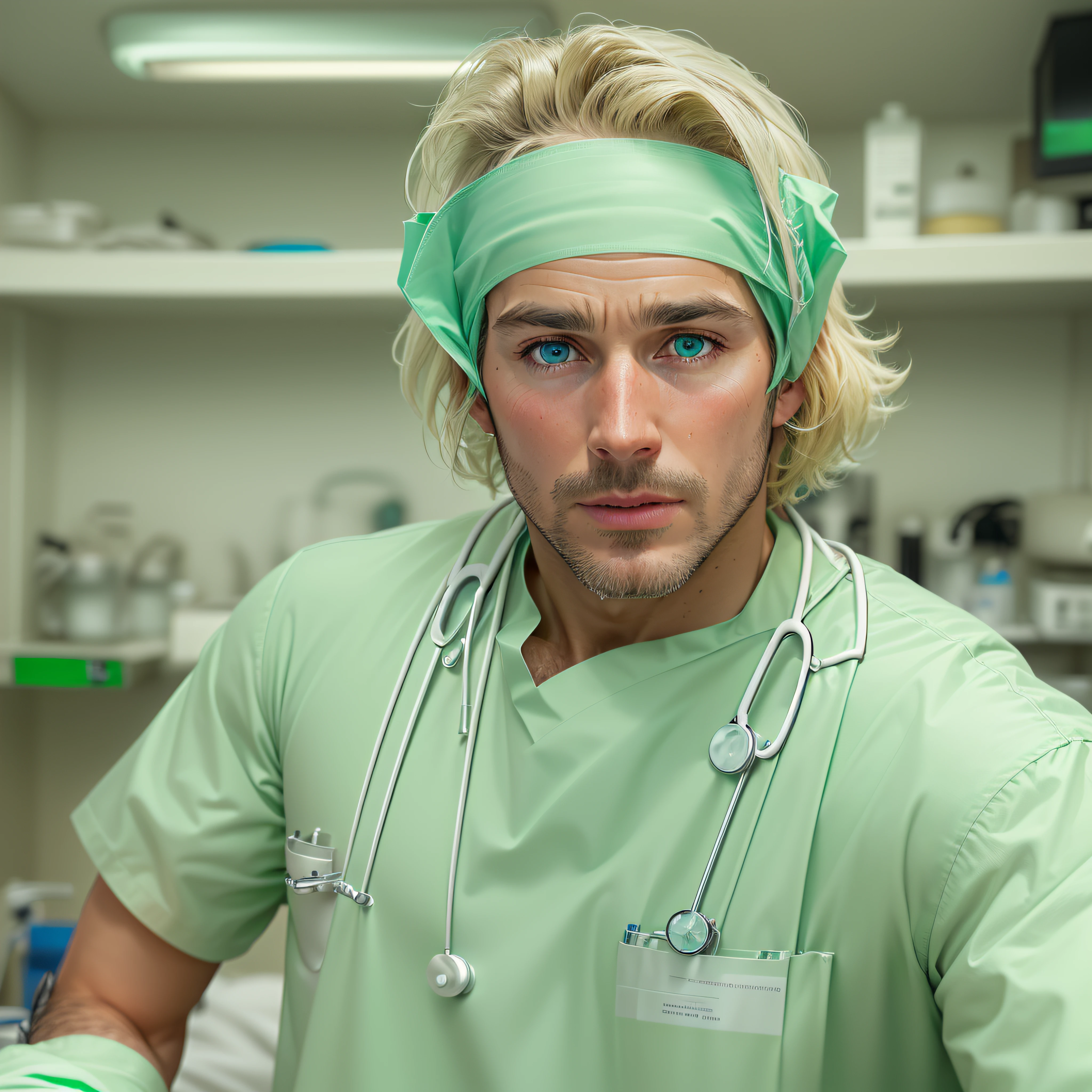 high quality, 1man, (((handsome Doctor blonde american dilf))), (((green shirt))) (((white doctor's smock))), (((blue eyes))) (((in Dream hospital))) (((no facial hair)))