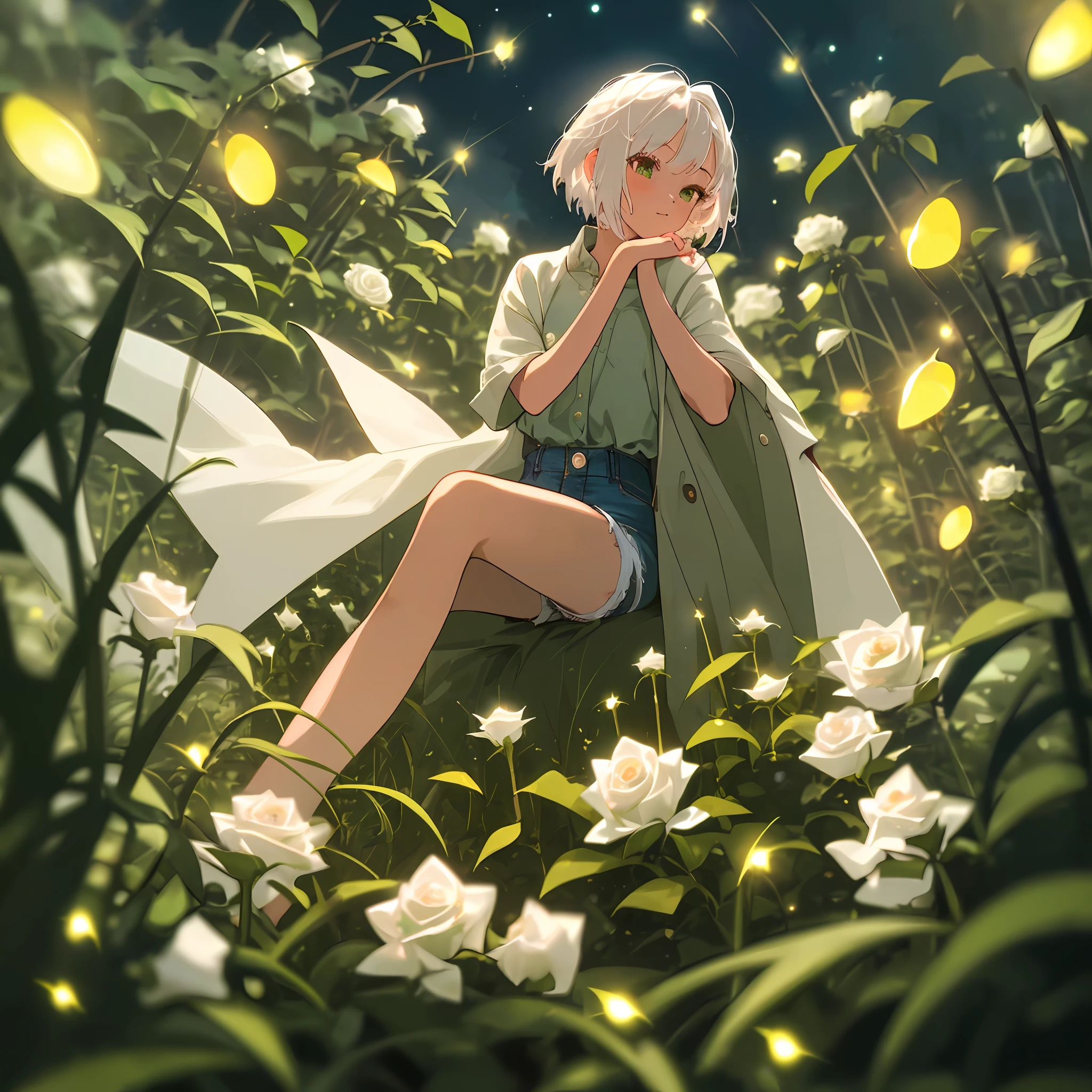 (masterpiece, best quality),1girl with short white hair sitting in a field of green plants and roses, her hand under her chin, night time, fireflies, white coat, blurry foreground, 8k, denim shorts
