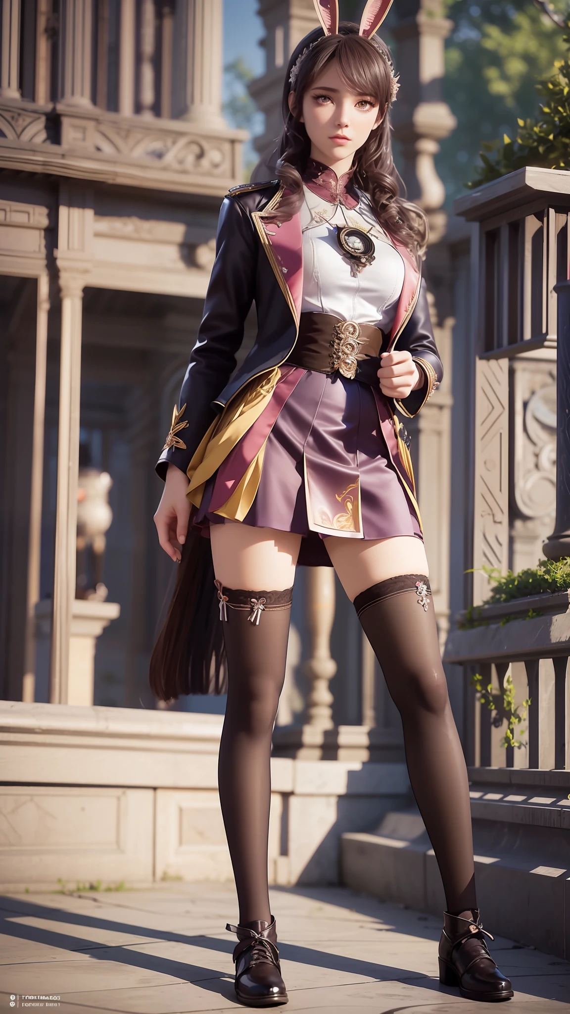 there is a woman in a skirt and a jacket posing for a picture, Surrealism female students, Surrealism female students, Realistic schoolgirl, thighhighs and skirt, photorealistic anime girl rendering, 3 d anime realistic, Smooth anime CG art, photorealistic full body, Photorealistic anime, Realistic anime 3 D style, photorealistic perfect body, wearing skirt and high socks