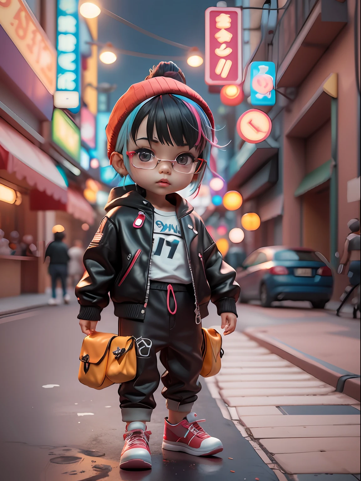 3d toy, 3d rendering, ip, cyberpunk style, chibi, cute little boy, mask, simple background, best quality, c4d, blender, 3D MODEL, TOYS, VIVID COLORS, STREET STYLE, HIGH RESOLUTION, A LOT OF DETAILS, PIXAR, CANDY COLORS, BIG SHOES, FASHION TRENDS, ART