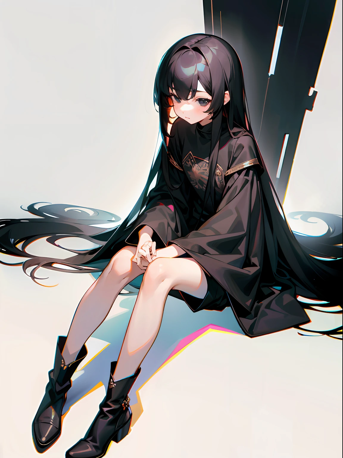 tmasterpiece,A high resolution,one-girl,black long hair,Manteau,black shirt,Black eyes,Sit with your legs in your arms,Look ahead,Empty eyes,Sluggish,sat on the ground,simplebackground,Wide sleeves,shorts,leg ring,Black boots
