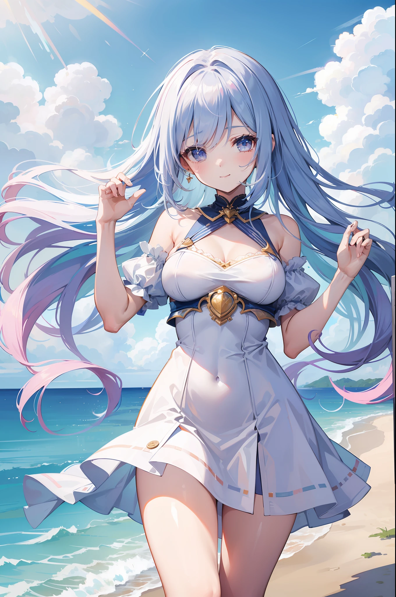 Beautiful and cute female pose, the cutest 20-year-old beauty, charming smile, ((background is a seaside resort)), ((very long hair)), ((resort fashion with a high degree of exposure) ), Gradient Eyes, Mesmerizing Makeup, Show Lighting, , Single Point of View, Canon, nffsw, Retina, Mastepiece, Accurate, Anatomically Correct, Textured Skin, Super Detail, High Detail, High Quality, Award Winning Yes, Highest Quality, High Definition, 1080p, Hard Disk, 4K, 8K, 16K