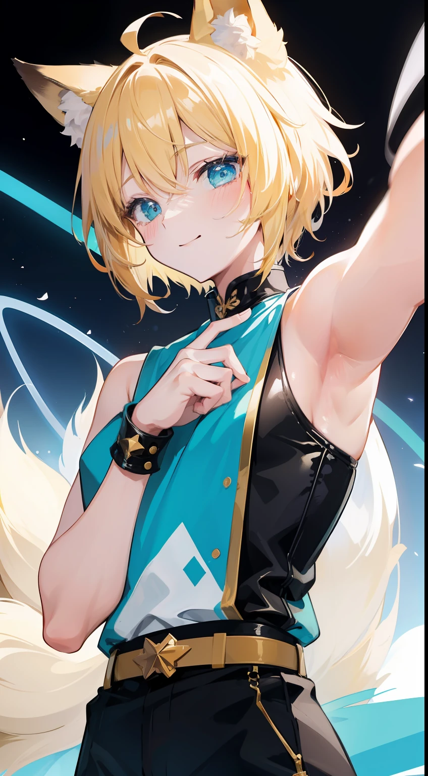 Young guy, short blonde hair, Fox ears, Cyan eyes, pop-idol, ssmile, Masterpiece, hiquality