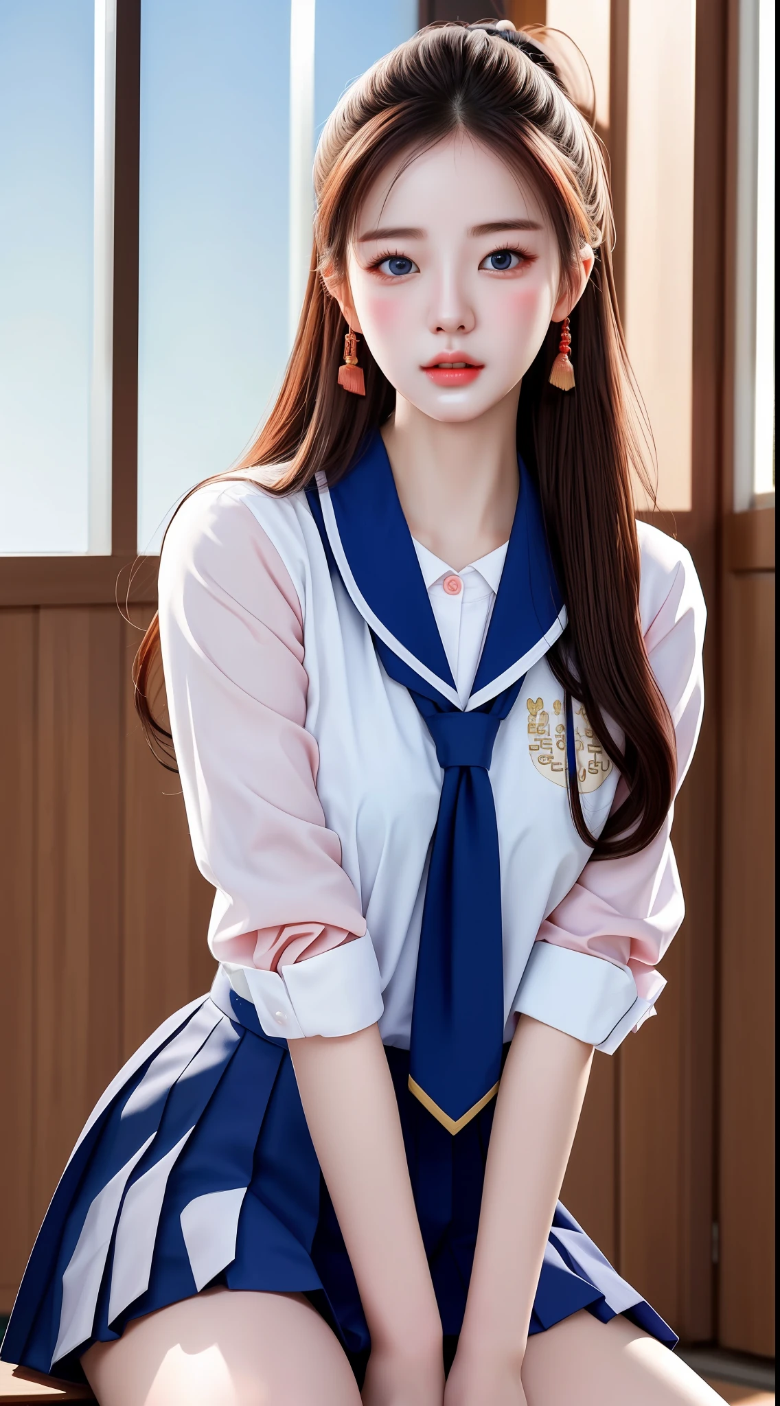 (hyperrealistic), (illustration), (high resolution), (8K), (extremely detailed), (best illustration), (beautiful detailed eyes), (best quality), (ultra-detailed), (masterpiece), (wallpaper), (photorealistic:1.4), (natural light), (rim lighting), (detailed face), high detailed realistic skin texture, anatomically correct, solo, 1 girl, (high detailed realistic long hair:1.25), ponytail contorted, (beautiful Rosy Zhao:1.5), (beautiful cute European girl:1.7), heterochromic eyes, (detailed blue eyes), small moles under the eyes, (big breasts:1.35), (Korean High School uniform:1.4), long legs, tight abs, dynamic pose,