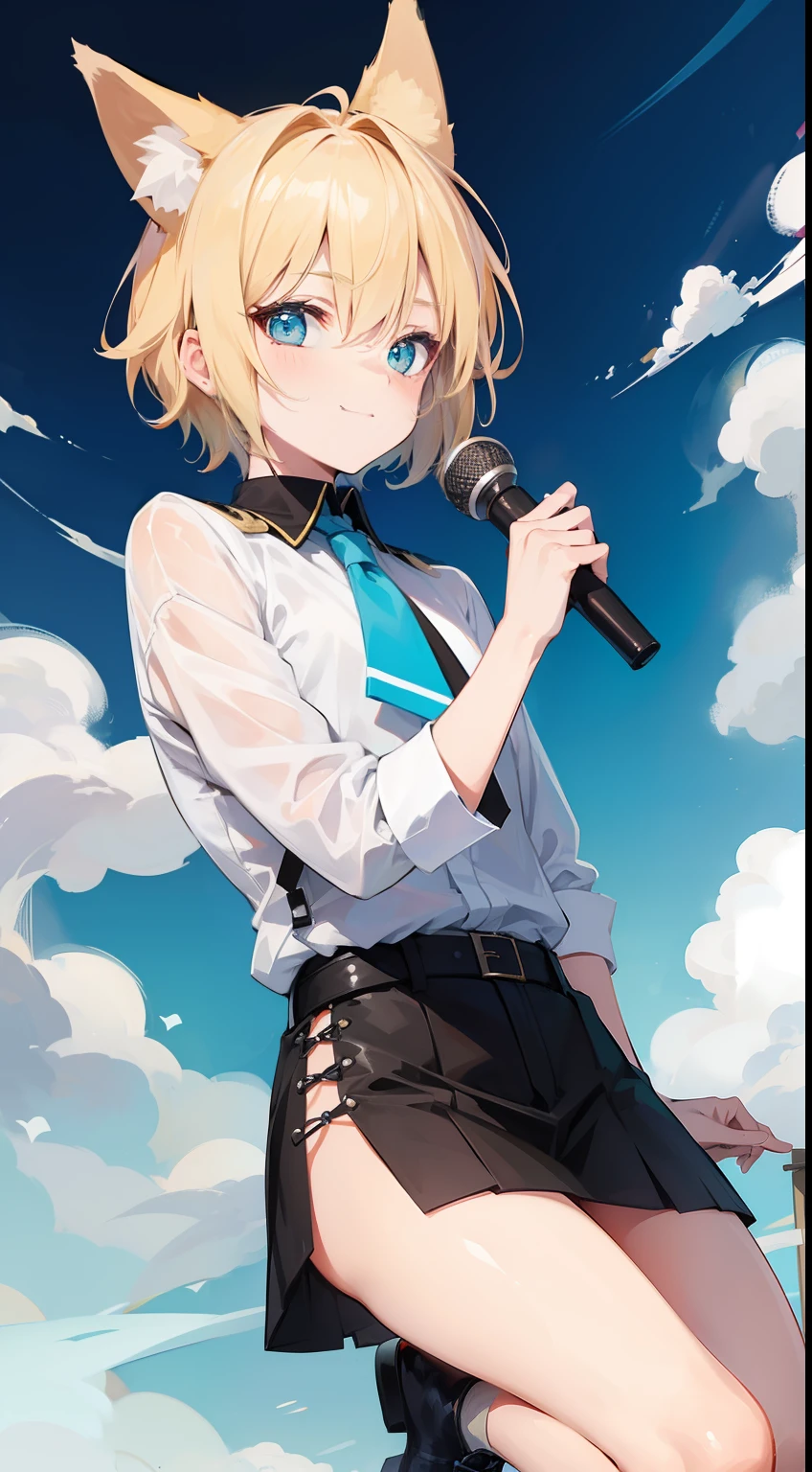 Young guy, short blonde hair, Fox ears, Cyan eyes, pop-idol, ssmile, Masterpiece, hiquality