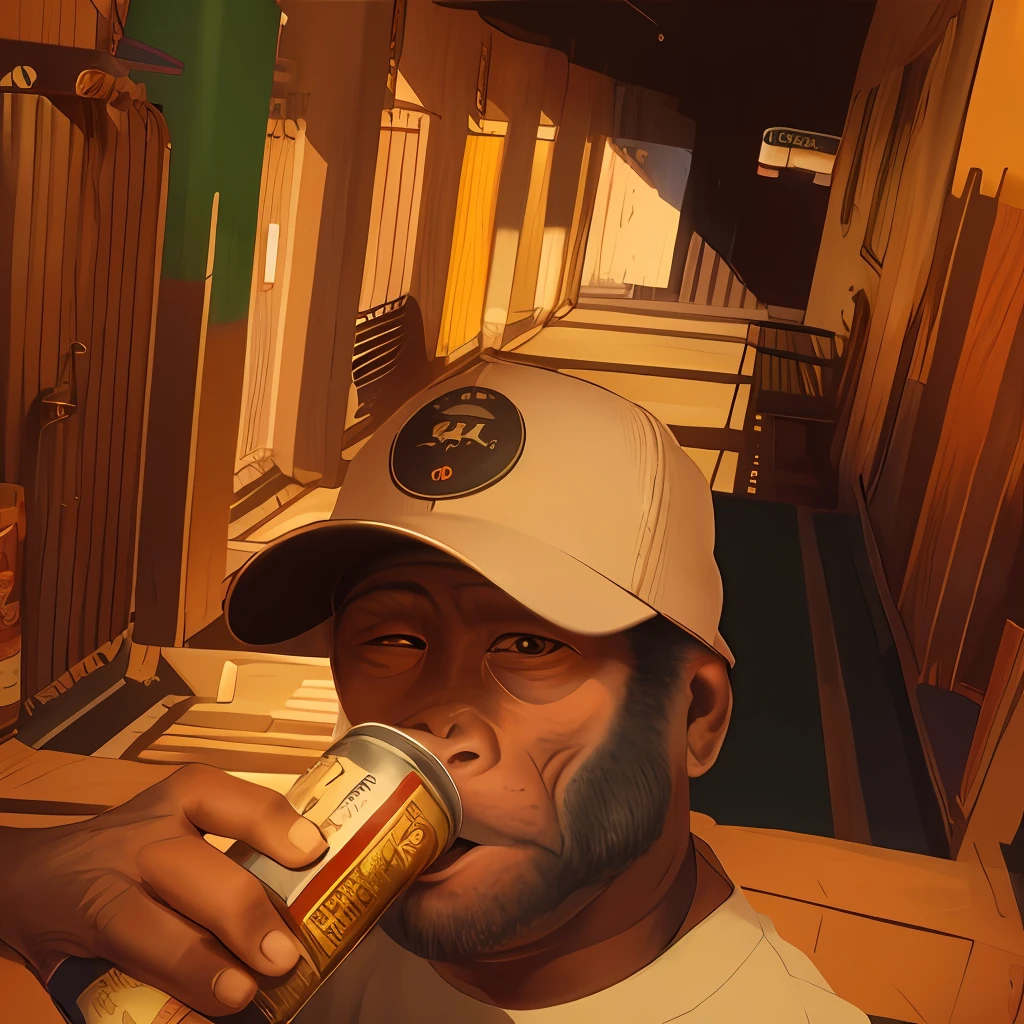 Closeup of A monkey in a cap drinking a can of beer