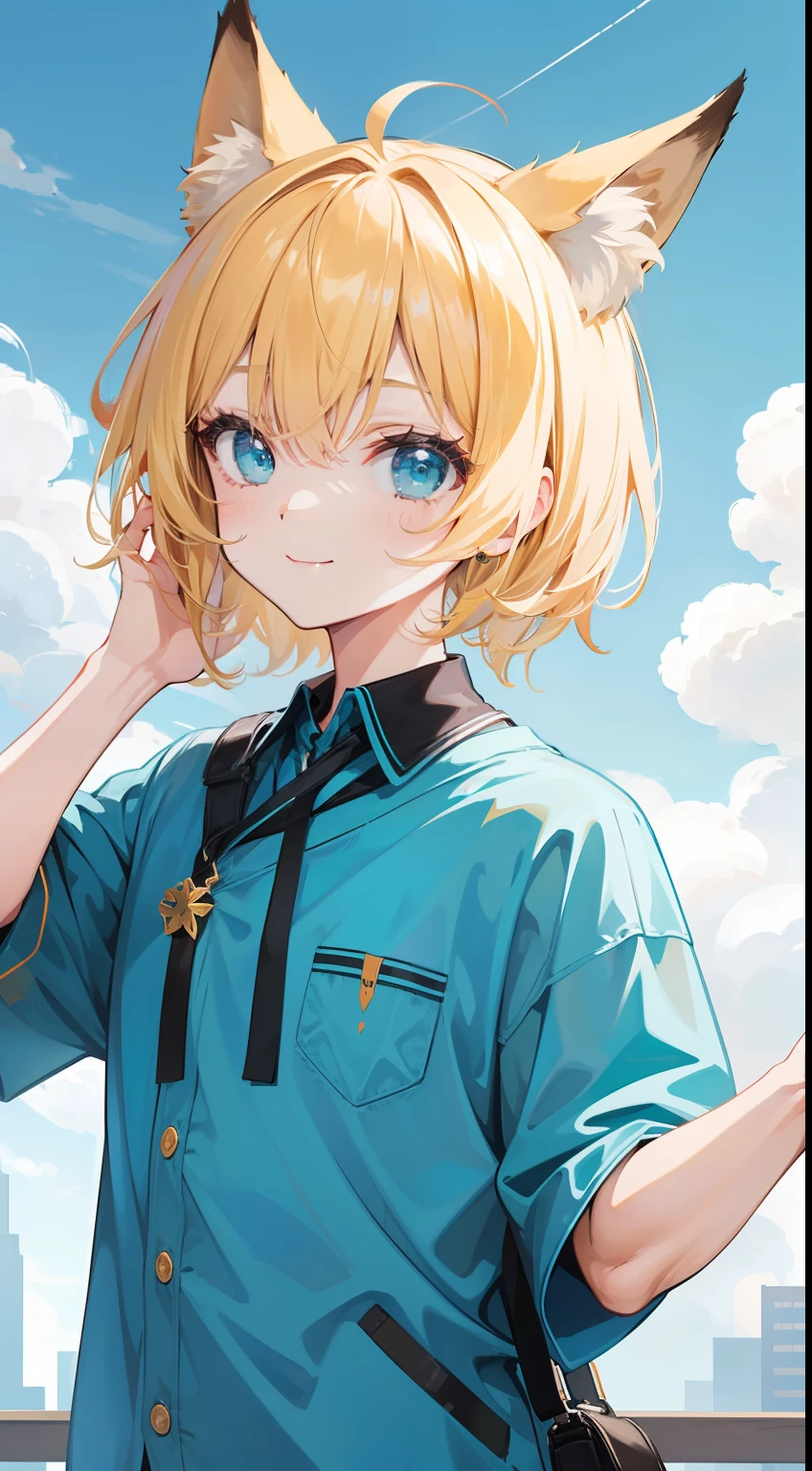 Young guy, short blonde hair, Fox ears, Cyan eyes, pop-idol, ssmile, Masterpiece, hiquality