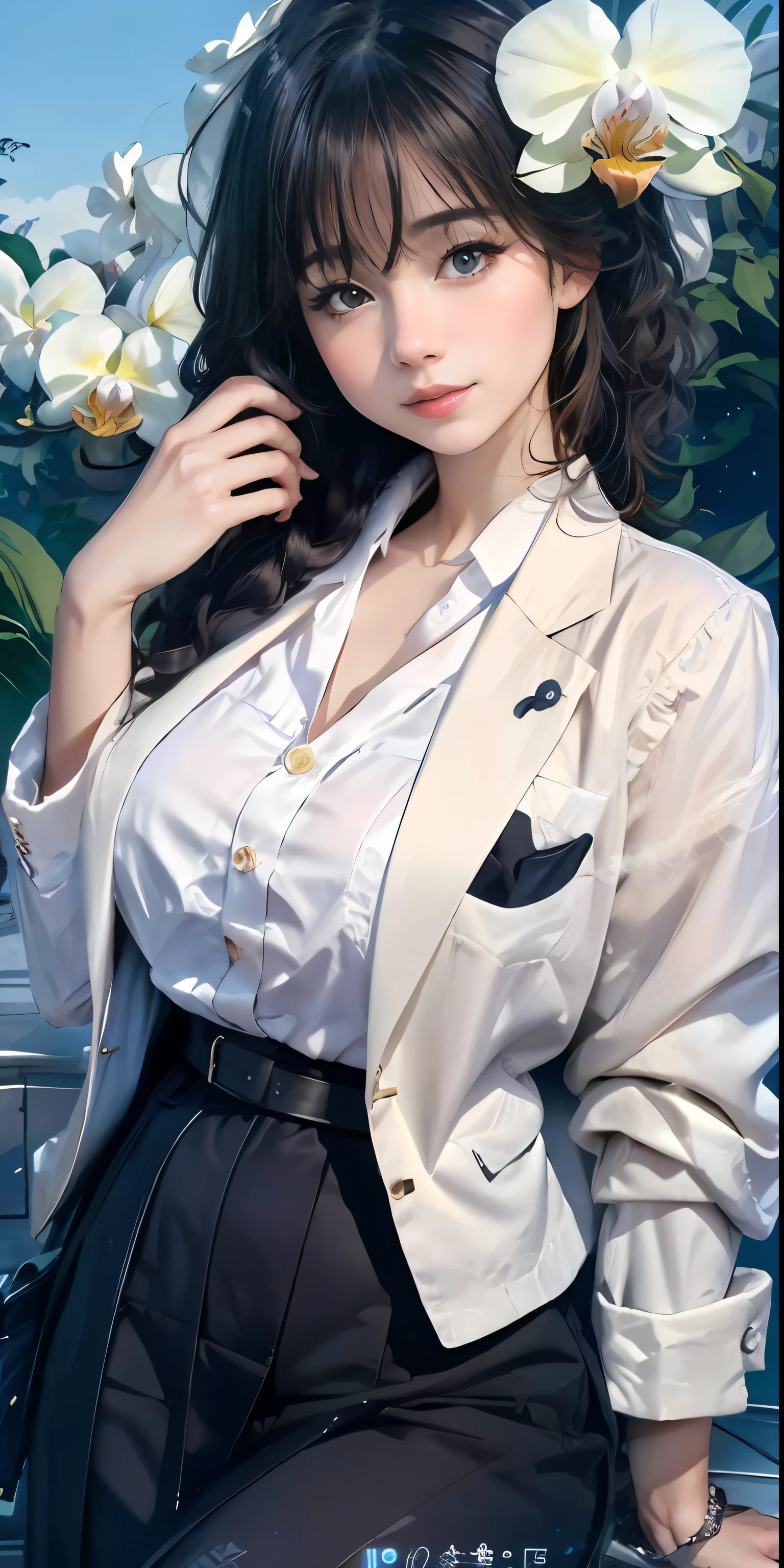 best qualtiy， tmasterpiece， 1girll， beauitful face，an orchid flower，Fluttering orchids， （photograph realistic：1.3）， edge lit， （highdetailskin：1.2）， 8K, Ultra HD， digital SLR camera， high high quality， A high resolution， 4K， 8K， Bokeh， absurderes， Optimal scale pointer， （realisticlying：1.3）， Cute 1girl， Wearing a black formal blazer， mediuml breasts， short  skirt，Simple colorful stitching background，Simple background color and sky blue background，Orchid background，an orchid flower，