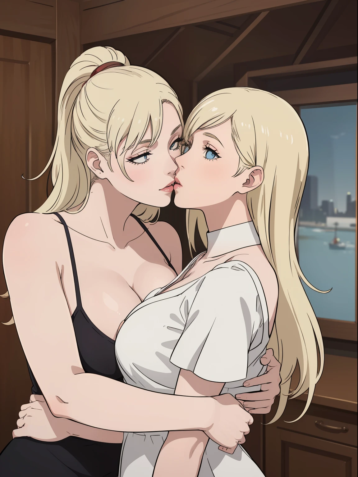 (best quality:1.2), 2milf, 2girl, (natural makeup, big tits, seductive, motherhood, looking at the audience, sexy, (mature woman, milf: 1.1), solo, (curve: 1.1), milf, blonde hair, close up, ultra detail, hdr, shot from above, detail face, detail bedroom, upper body, very detailed face, closeup face, down blouse, on party, party dress, ino yamanaka, two girls, kiss, blonde hair, face-to-face, Canon, 8k, 8k, best quality