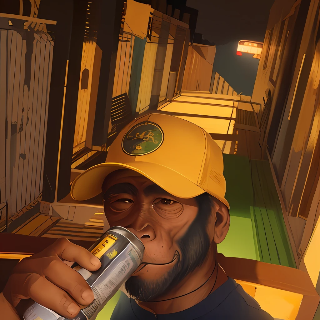 Closeup of A monkey in a cap drinking a can of beer