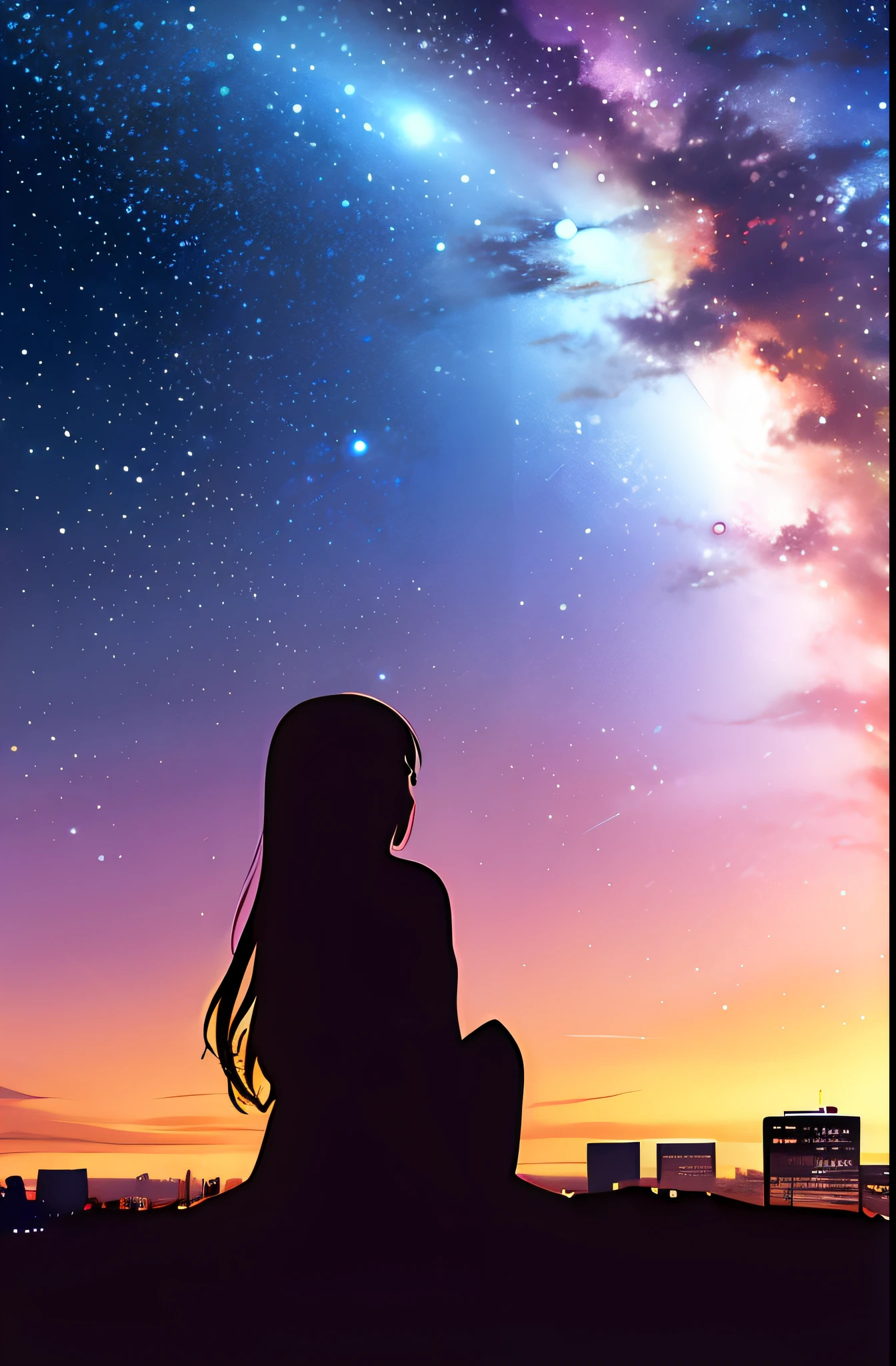 octans, sky, star (sky), scenery, starry sky, night, 1girl, night sky, solo, outdoors, building, cloud, milky way, sitting, tree, long hair, city, silhouette, cityscape