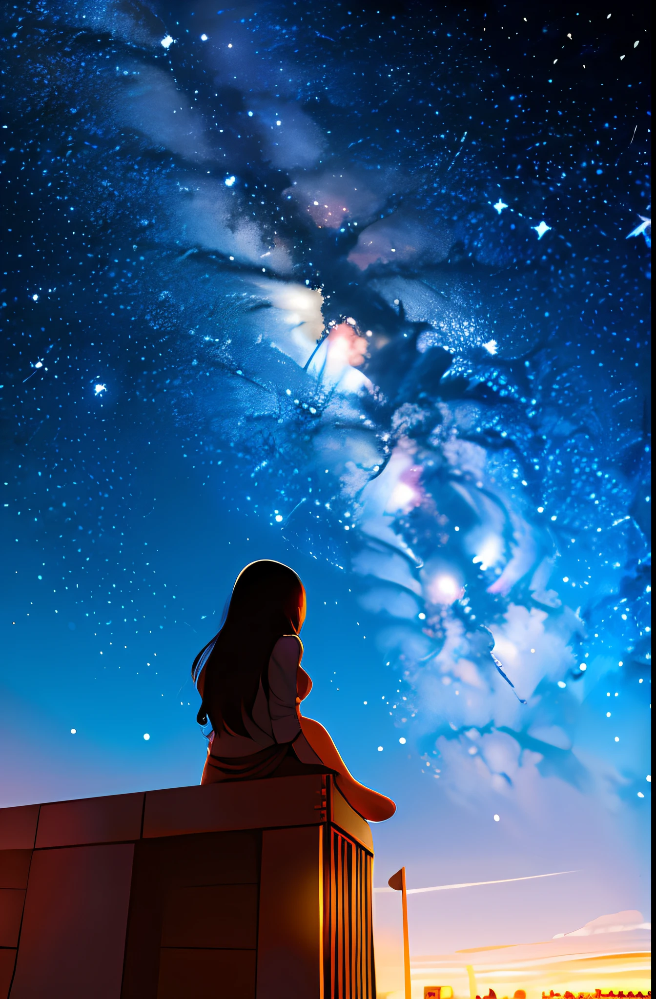 octans, sky, star (sky), scenery, starry sky, night, 1girl, night sky, solo, outdoors, building, cloud, milky way, sitting, tree, long hair, city, silhouette, cityscape