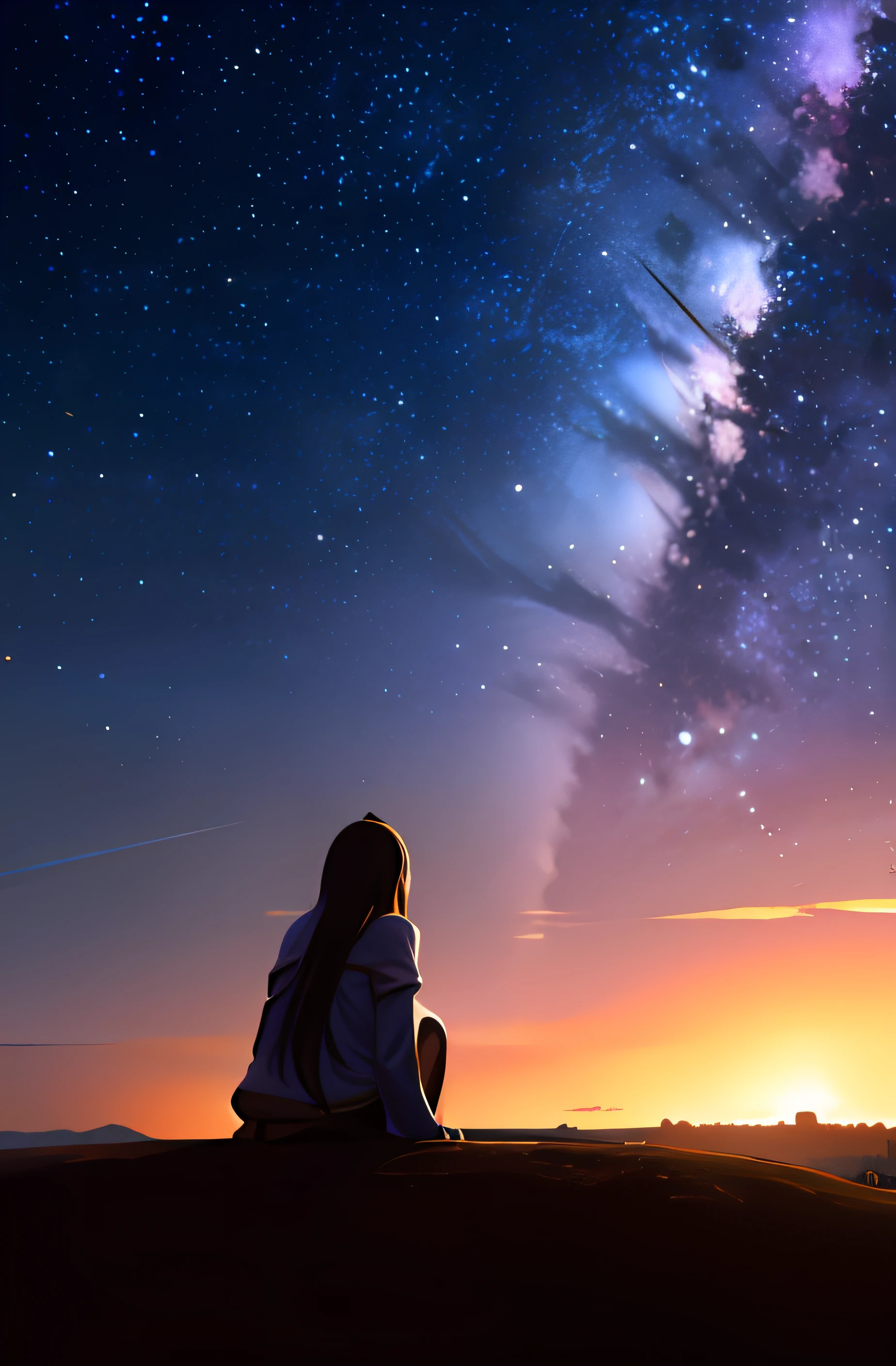 octans, Skysky, stele(Skysky), landscapes, starrysky, natta, 1girl in, nigh sky, 独奏, plein air, built, clouds, milkyway, sitting on, The tree, length hair, 城市, silhuette, Cityscape,realisitic