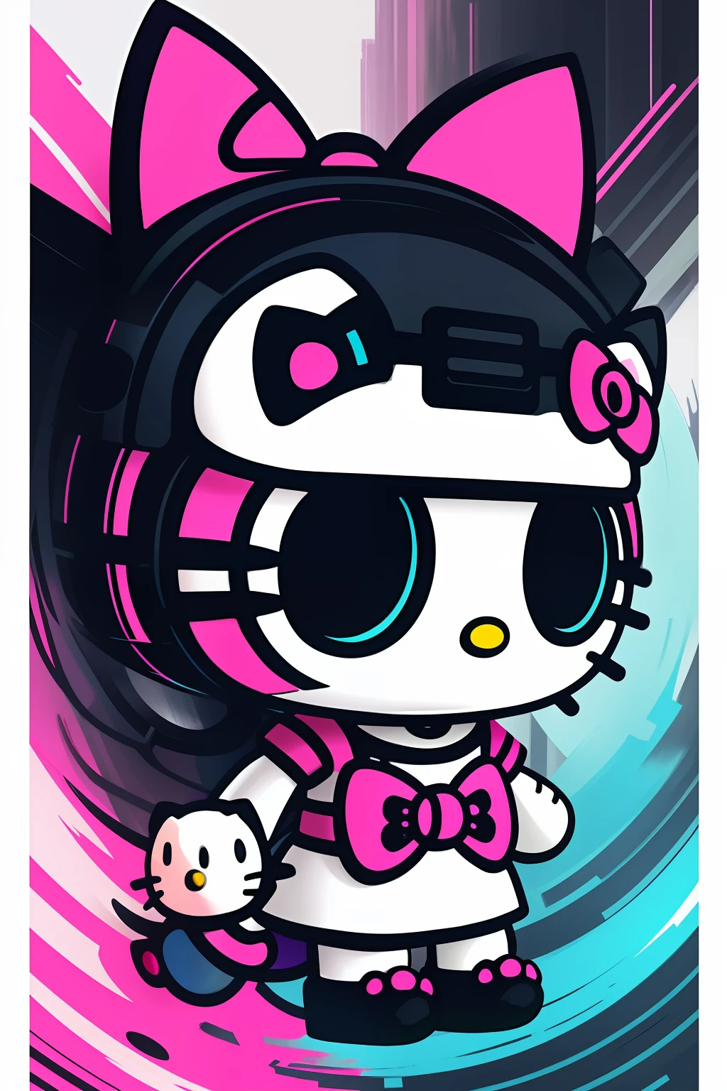 Extended design development based on Hello Kitty elements，Neutral wind，cyber punk style，ultra-realistic realism, colorfield painting, conceptual art, Gothic art, American poster, Three-sided view, hyper HD, Masterpiece and high detail.