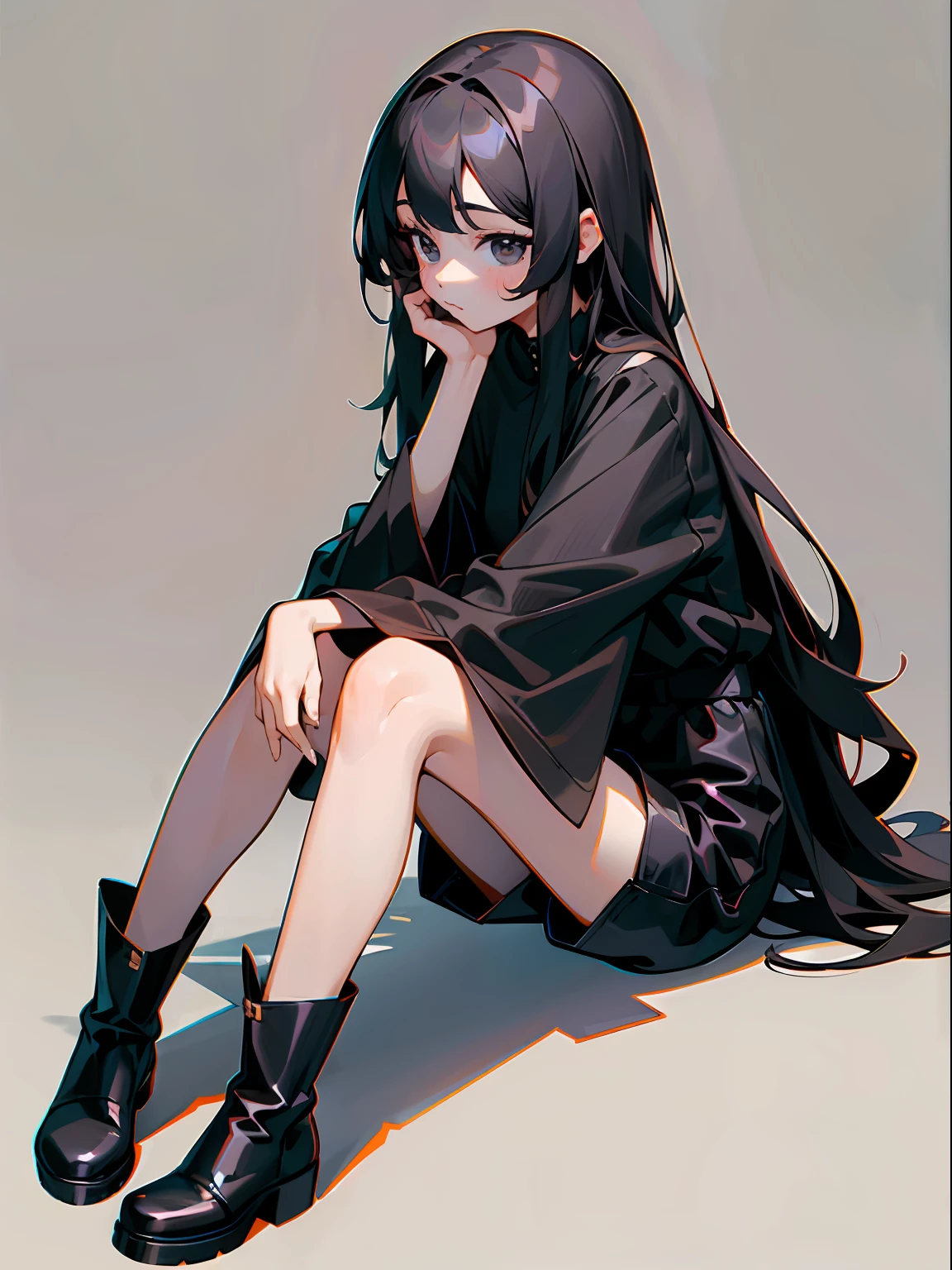 tmasterpiece，A high resolution，one-girl，black long hair，Manteau，black shirt，Black eyes，Sit with your legs in your arms，Look ahead，Empty eyes，Sluggish，sat on the ground，simplebackground，Wide sleeves，shorts，leg ring，Black boots