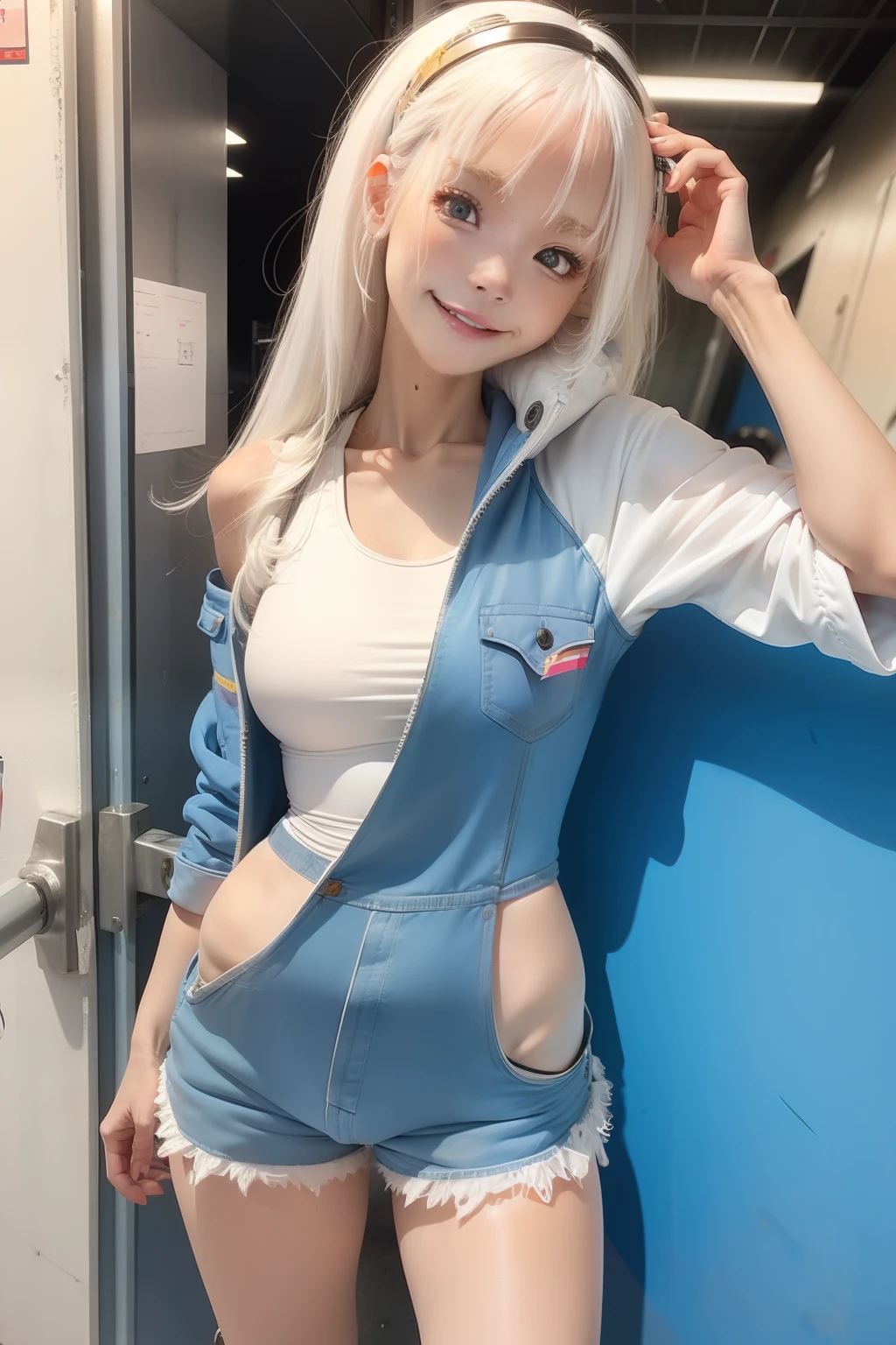 White hair loli sports girl in a onepiece suit，denim short