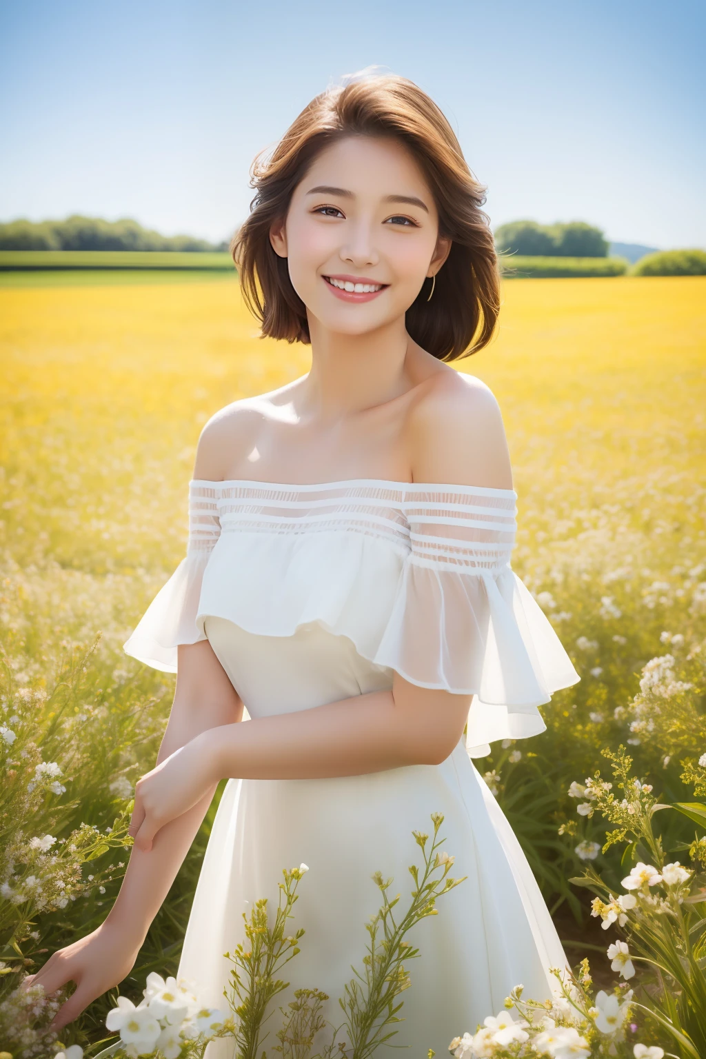 Best quality, masterpiece, ultra high res, (photorealistic:1.4), raw photo, 1girl, white dress, off shoulder, blossom flower field, glowing skin, light smile