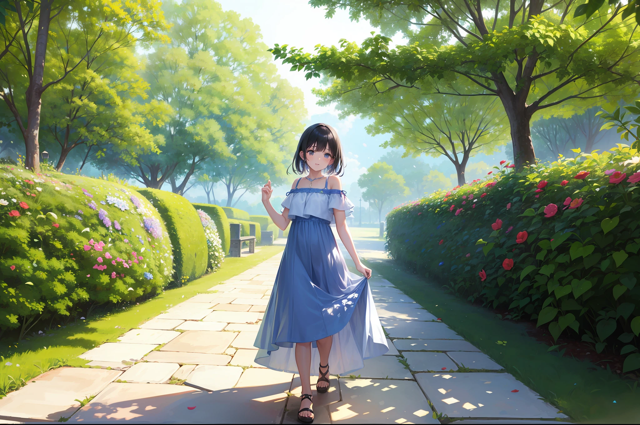 In a beautiful garden, una hermosa joven camina con un vestido corto hasta el muslo con tirantes y de colores llamativos, camina descalza por la hierba, Small flowers are of various colors. It's a summer day with good light. Una imagen espectacular. (obra maestra) (mejor calidad)