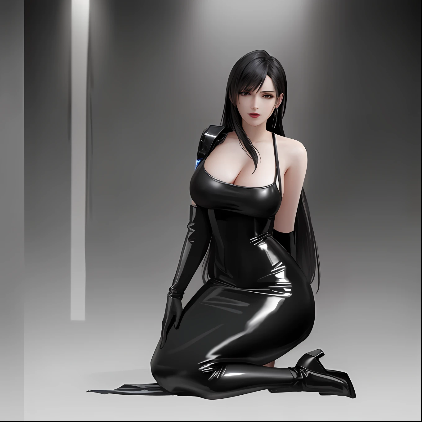 high quality raw photo, excellent composition, Front View, Full Body, Head to Feet, Photoshoot, Bombshell, scary vampire, black, Mature, Final Fantasy 7 Remake, Tifa Lockhart in Lipstick , wearing wet Tight Slim Super Long Deep Black Shiny Metallic Vampire Latex Mermaid Long Gown, Standing, horror room, cinematic lighting, cinematic colors, masterpiece, high detailed, best quality, photorealistic, ultra realistic, 8k hdr:1.2