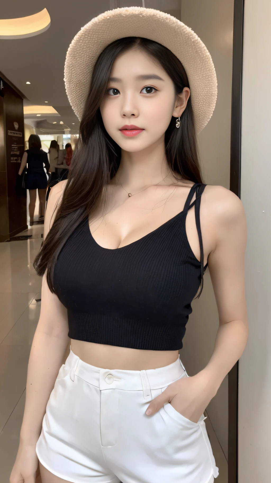 ((Best Quality, 8K, Masterpiece: 1.3)), (Flower Hat: 1.3), Focus: 1.2, Perfect Body Beauty: 1.4, Buttocks: 1.2, (Layered Haircut: 1.2)), (Dark Street: 1.3), Highly detailed face and skin texture, Full body, Fine eyes, Double eyelids, Whitened skin, Long hair, (Round face: 1.5), (Loose crop top, Shorts: 1.6) cleavage prominent pleated skirt Big breasts leaking long legs, ((Mall))
