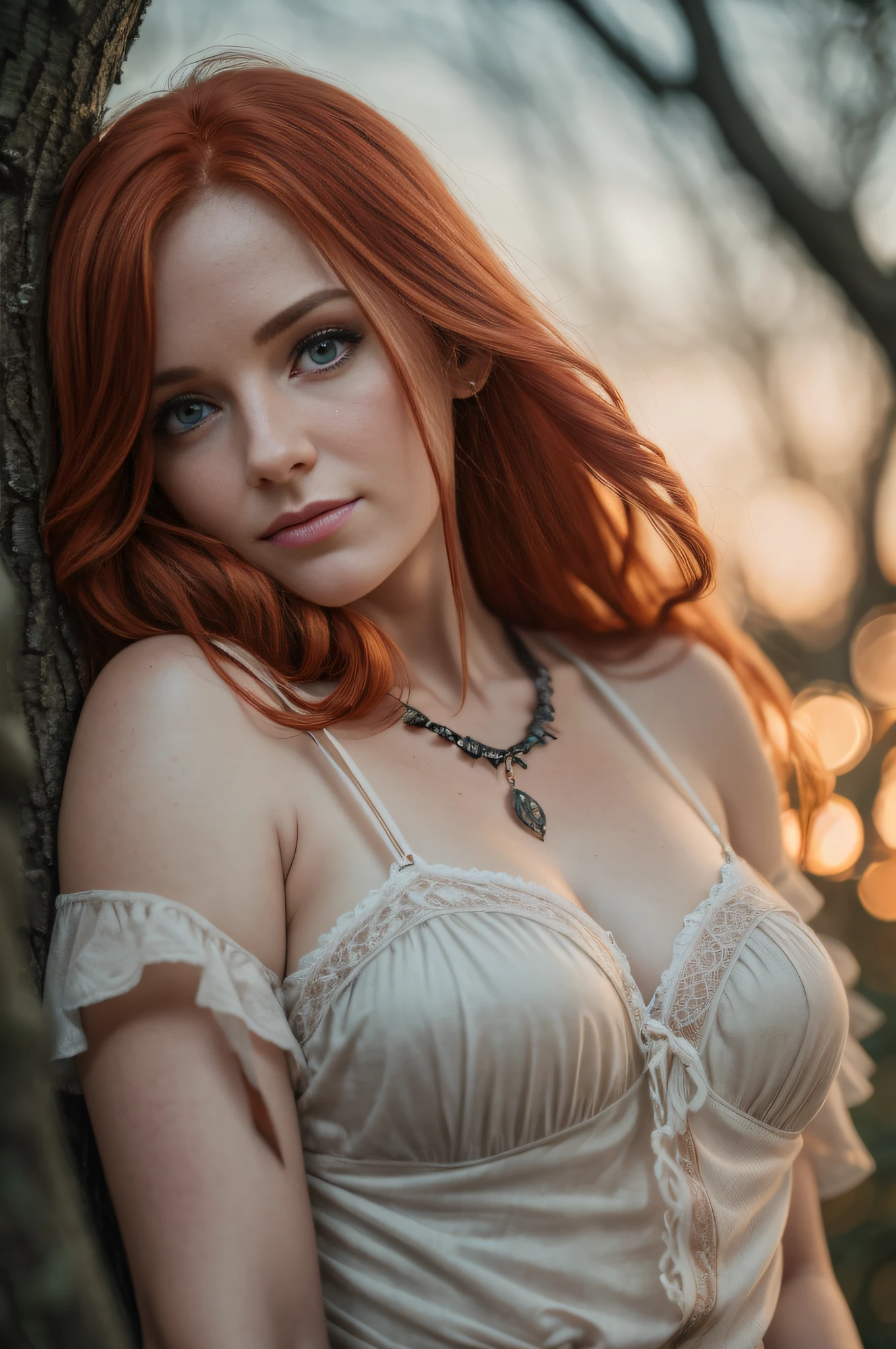 (32k, RAW photo, cinematic rendering) depth of field, bokeh, 32K, HDR, cinematic rendering, a portrait of a 36-year-old redhead, dressed in a torn nightie, fallen suspenders, peeled off, leaning against a tree in the wilderness, goosebumps, cinematic, faded colors, dark shot, muted colors, grainy film, lut, crazy details, intricate details, hyperdetailed, sunset,  shyness, seduction, romanticism, looks at the camera lens lovingly, no visible hand