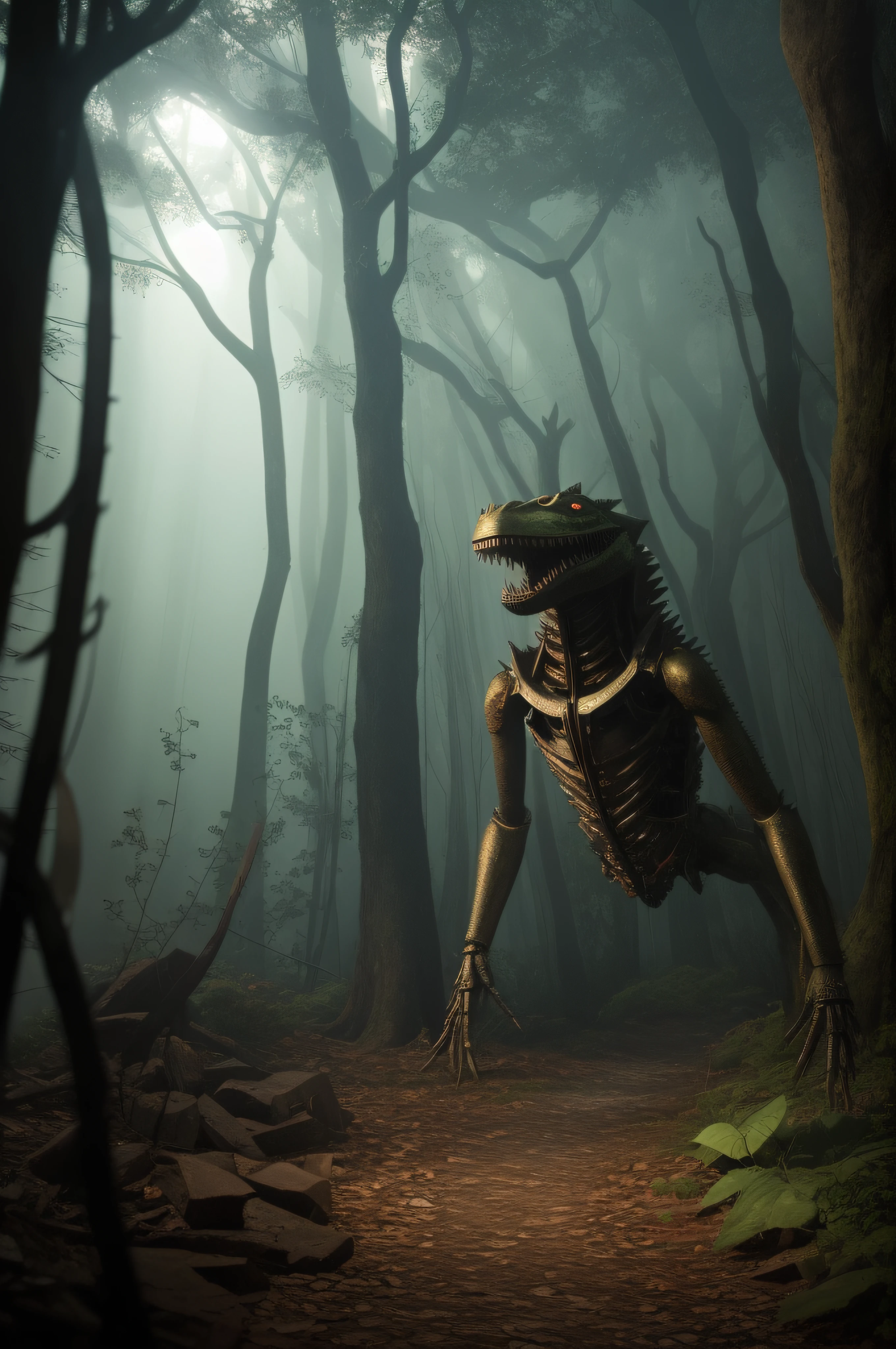 Entre no mundo sinistro de uma obra-prima fotorrealista, where a chilling forest shrouded in darkness surrounds an unsettling house in the background. Get ready as you face the sight of a creepy toy with a big mouth and a big head - Springtrap from Five Nights at Freddy's. This horror animatrônico, inspirado em Alfred Freddy Krupa, is rendered in SFM and features the best jumpscare scene. The forest is dense and sensed, com a luz do luar lutando para penetrar no dossel espesso, casting ominous glows on the gnarled trees. Amid the haunting mist, The metallic body of the lizard-like animatronic emerges, agora contaminado com respingos de sangue fresco, Adding to the bone-chilling spectacle. Its limbs are a disturbing mix of mechanical parts and lizard characteristics, emphasizing the terrible fusion of machine and reptile. Embarque em uma jornada de fotorrealismo, Mergulhe na realidade sinistra deste encontro assombroso. A imagem exala uma atmosfera de medo e mal-estar, while you find yourself drawn into the abyss of this macabre forest. Employ meticulous rendering to bring disturbing details to life, including visible lizard-like traits, mechanical parts, e fios emaranhados, creating a sense of visceral horror. The mechanical elements of the animatronic are carefully crafted, aumentando a natureza assombrosa da cena. The work leaves an indelible mark of dread and fascination, as if you've come across a chilling scene of a lifeless person intertwined with the sinister animatronic, preso dentro dos limites assombrosos da floresta escura. The presence of the lifeless individual is made all the more haunting by the vivid representation of the mechanical parts, further emphasizing the unsettling combination of machine and creature. In the background, A mysterious house is a silent witness to the haunting mysteries of the forest. Its walls are weathered, e janelas que