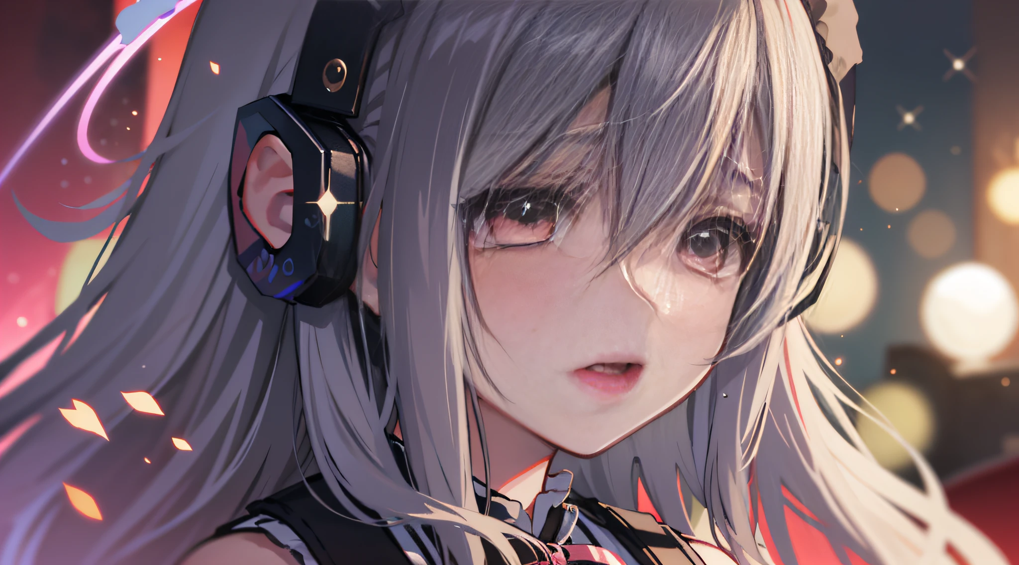white hair, ahoge, long hair, ribbon, mouth veil, headphones, lolita hairband, heart-shaped pupils, happy tears, gradient_eyes, wide eyes, blush, high detail, rococo style, anime, Romanticism, Baroque, ray tracing, reflection light, sparkle, stereogram, Ultra-Wide Angle, Canon, close-up, from outside, UHD, high details, high quality, highres, best quality, 4K