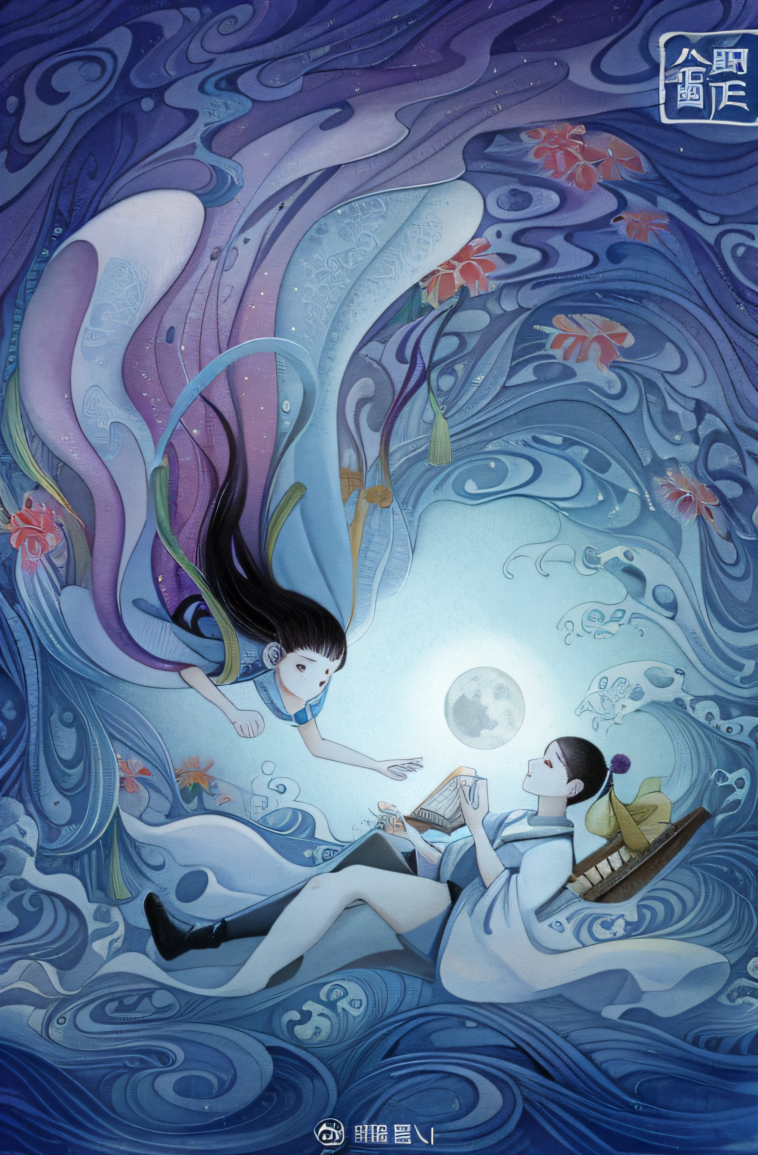 Draw a woman and a child in a boat in the water, dreamlike illustration, A beautiful artwork illustration, DreamlikeArt, author:Yan Hui, Chinese fantasy, moon light fish eye illustrator, fantasy book illustration, author:Nobusada Yanagawa, illustratio,