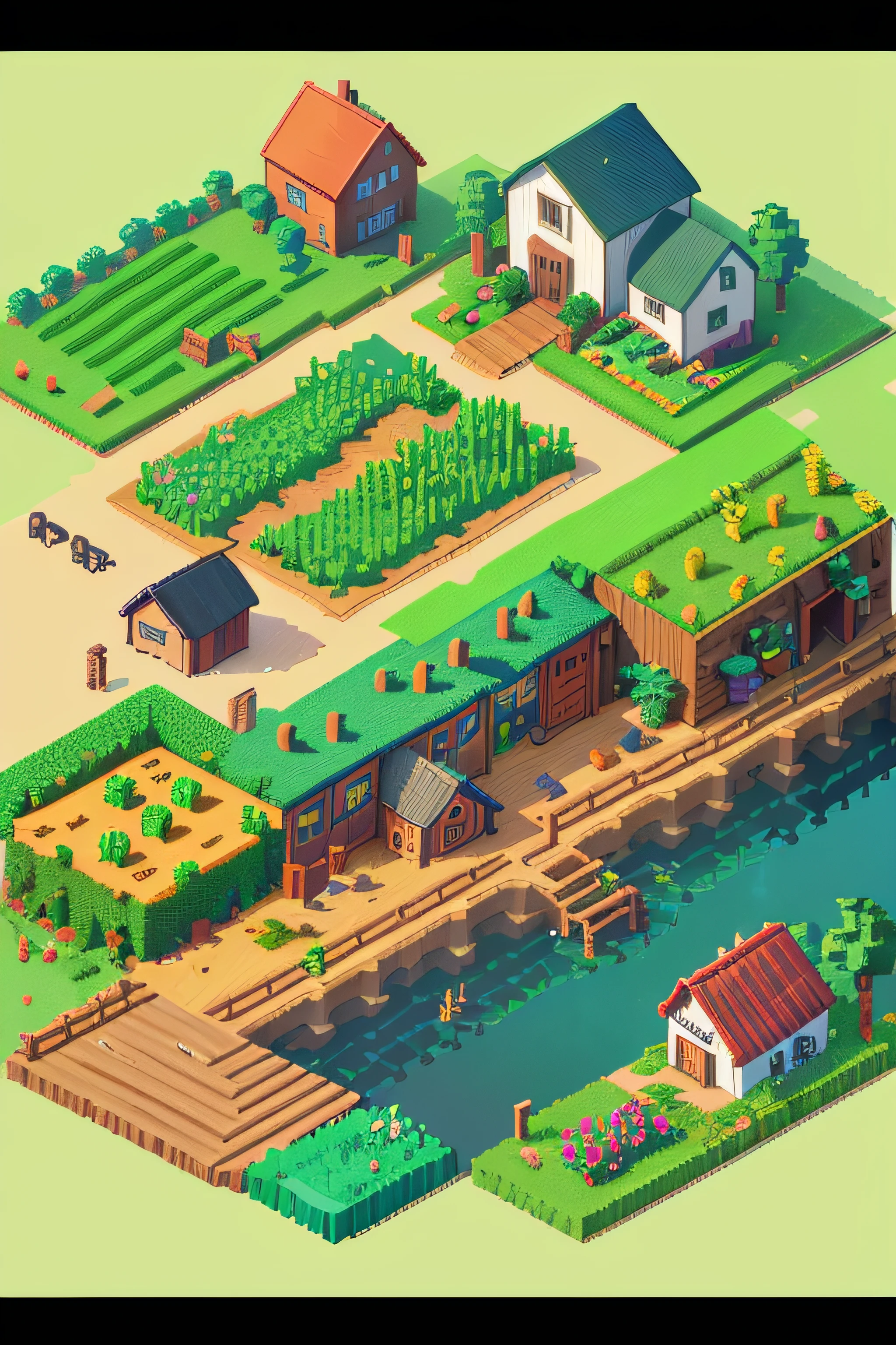 Close up of a small farm with pond and house, isometric game art, isometric 2 d game art, Isometric art, isometric pixelart, isometric pixel art, beautiful detailed pixel art, Detailed game art, isometric voxel art, isometric invironment, super detailed color lowpoly art, isometric game asset