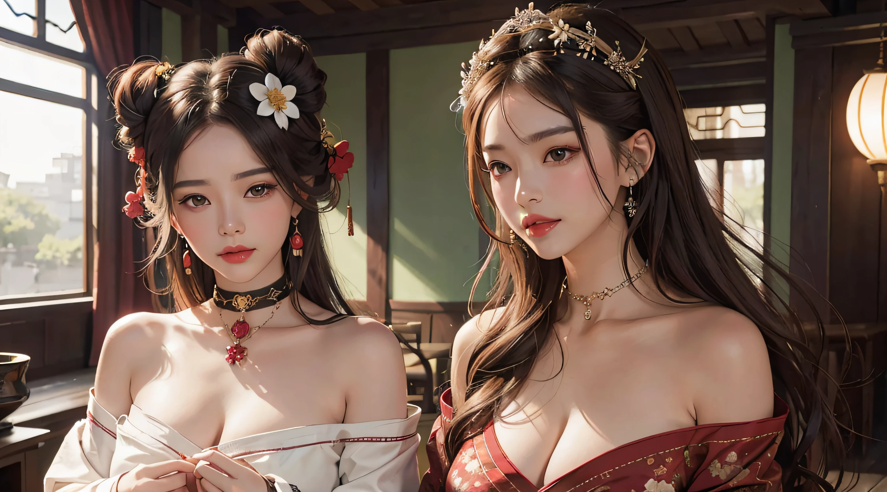 2females，Huge breasts，brunette color hair，ssmile，（Hanfu），Hanfu，（Open your clothes），Redlip，耳Nipple Ring，florals，hair adornments，jewelry，long whitr hair，Look at the audience，choker necklace，Portrait，ssmile，独奏，A half body，（Shiny skin）， （tmasterpiece：1.4），（best qualtiy：1.4）