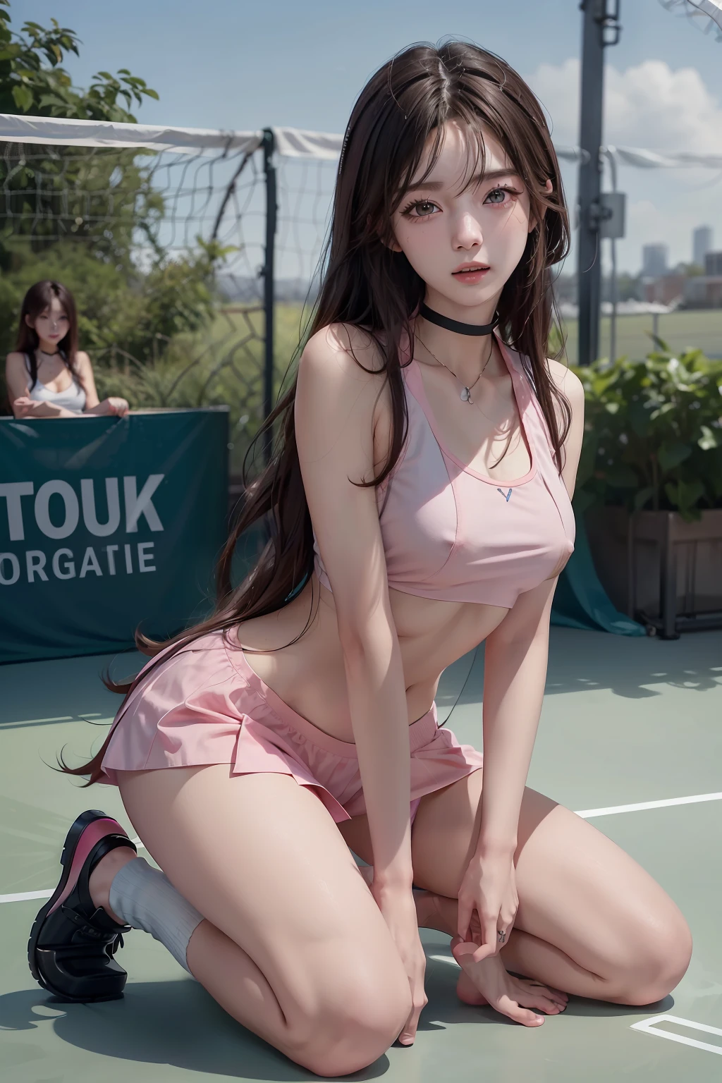 (Raw photography:1.2)、(photoRealstic:1.4)、(masuter piece:1.3)、(top-quality:1.4)、超A high resolution、nffsw、8K分辨率、dream-like、(((Playing tennis)))、Check Commentary、Commentary Request、landscapes、((without text) )、solofocus、(Full body like)、(eye detailed)、(facial features details)、(The specifics of the features of clothing)、skintight、(shinny skin)、(Slender girl)、(Slim Girl)、(1 girl in、独奏) 、VirtualGirl-Rin、Happy、A smile、(Taut)、bangss、Medium long hair of chestnut color with gradient、Brown hair、Brown eyes、Black Choker、college aged、hi-school girl、White High School Athletic Uniform、Adidas Sports Shorts、espadrilles、Work up a sweat、You can see cute pink underwear、Bite、((You can see the pink undercoat))、I can see the bra、((Nipples erect))