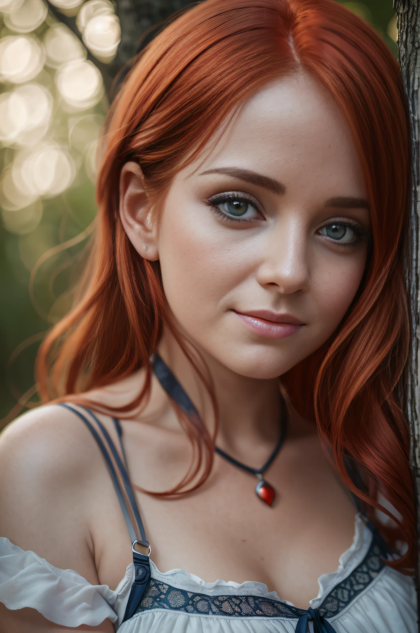 (32k, RAW photo, cinematic rendering) depth of field, bokeh, 32K, HDR, cinematic rendering, a portrait of a 36-year-old redhead, dressed in a torn nightie, fallen suspenders, peeled off, leaning against a tree in the wilderness, goosebumps, cinematic, faded colors, dark shot, muted colors, grainy film, lut, crazy details, intricate details, hyperdetailed, sunset,  shyness, seduction, romanticism, looks at the camera lens lovingly, no visible hand