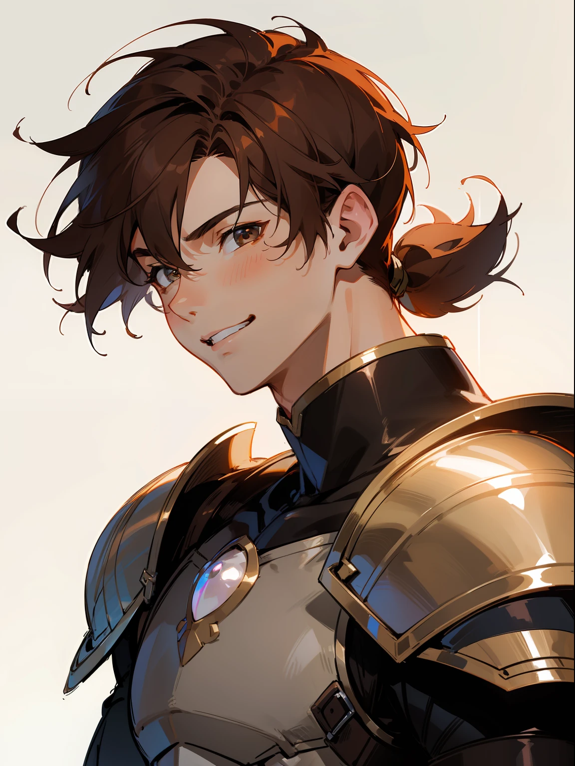 1boy,matured male,beautiful face,handsome man,brown light leather armor,brown hair,Ultra Detail,Haig Quality,sketch,Pearl skin,Dynamic Angle,Japan Anime,thief,short pig tail hair,like a cat eyes,laugh,