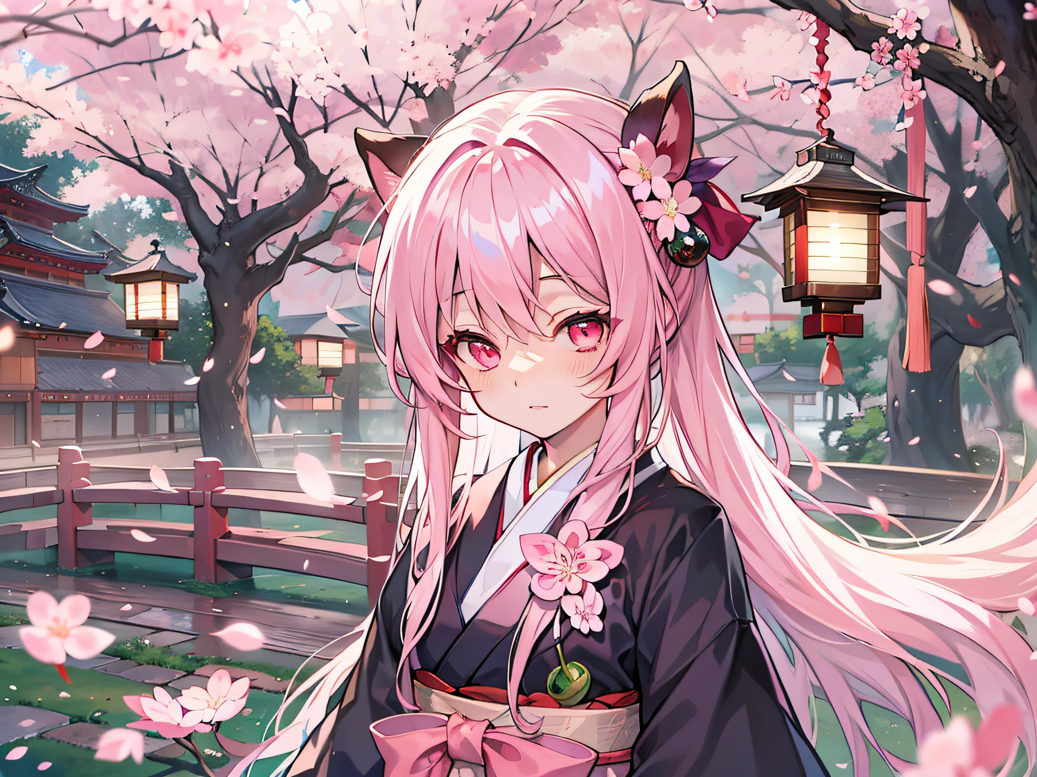 Pale pink eyes，Cherry blossom lantern hakama，Long-edged ponytail，A pink-haired，clogs，gentle expressions，Cherry blossom forest，the night，Pink bow headband，full bodyesbian，Japanese-style village，Lanterns，half-close eyes，bit girl