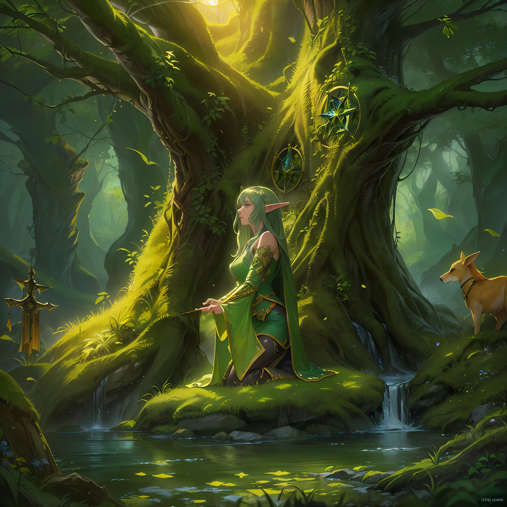 high details, best quality, 8k, [ultra detailed], masterpiece, best quality, (extremely detailed), dynamic angle, ultra wide shot, photorealistic, fantasy art, dnd art, rpg art, realistic art, an ultra wide picture of female half elf (intense details, Masterpiece, best quality: 1.5in druid grove casting a spell, yellow magical light (intense details, Masterpiece, best quality: 1.5), wearing leather armor (intense details, Masterpiece, best quality: 1.5), green cloak (intense details, Masterpiece, best quality: 1.5), holy symbol, dynamic hair, intense eyes, small pointed ears, slightly pointed ears, green eyes, D&D female half elf (intense details, Masterpiece, best quality: 1.5), fantasy druid grove, water fall, rich forest life, rich forest animals, soft sun light, silhouettes, forest trees in the background, celestial background, ((divine worship atmosphere)), high details, best quality, highres, ultra wide angle