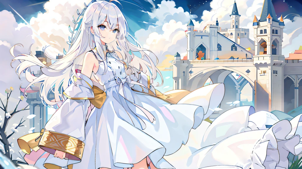 Anime girl standing in front of the castle in a white dress, Digital art on Pixiv, zerochan art, loli in dress, Splash art anime Loli, Guweiz in Pixiv ArtStation, from touhou, white-haired god, Guviz, cute anime waifu in a nice dress, pixiv contest winner, Guweiz on ArtStation Pixiv