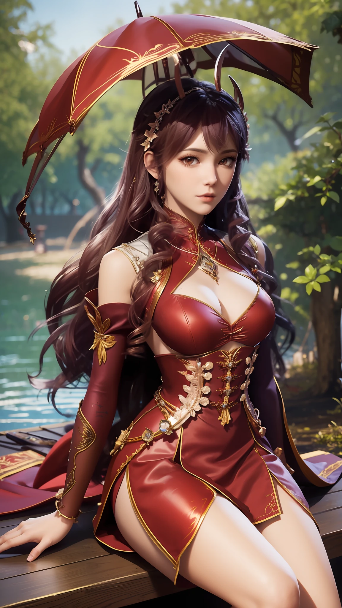 Arad woman in a red dress sitting on a dock by the lake, lady in red armor, wearing gilded red robes, beautiful and seductive anime woman, succubus in tight kilt, wearing gilded red royal robes, silver armor and red clothing, fantasyoutfit, WLOP et Artgerm, fantasy style clothing, Extremely detailed Artgerm