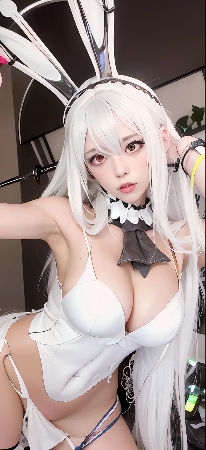 There is a woman posing with white hair and rabbit ears, Anime girl cosplay, with white long hair, Anime Cosplay, white hime cut hairstyle, with long white hair, Cosplay, real life anime girl, 2b, 2 b, long white hair and bangs, perfect gray hair girl, White Cat Girl, Ahegao, white  hair, white haired god