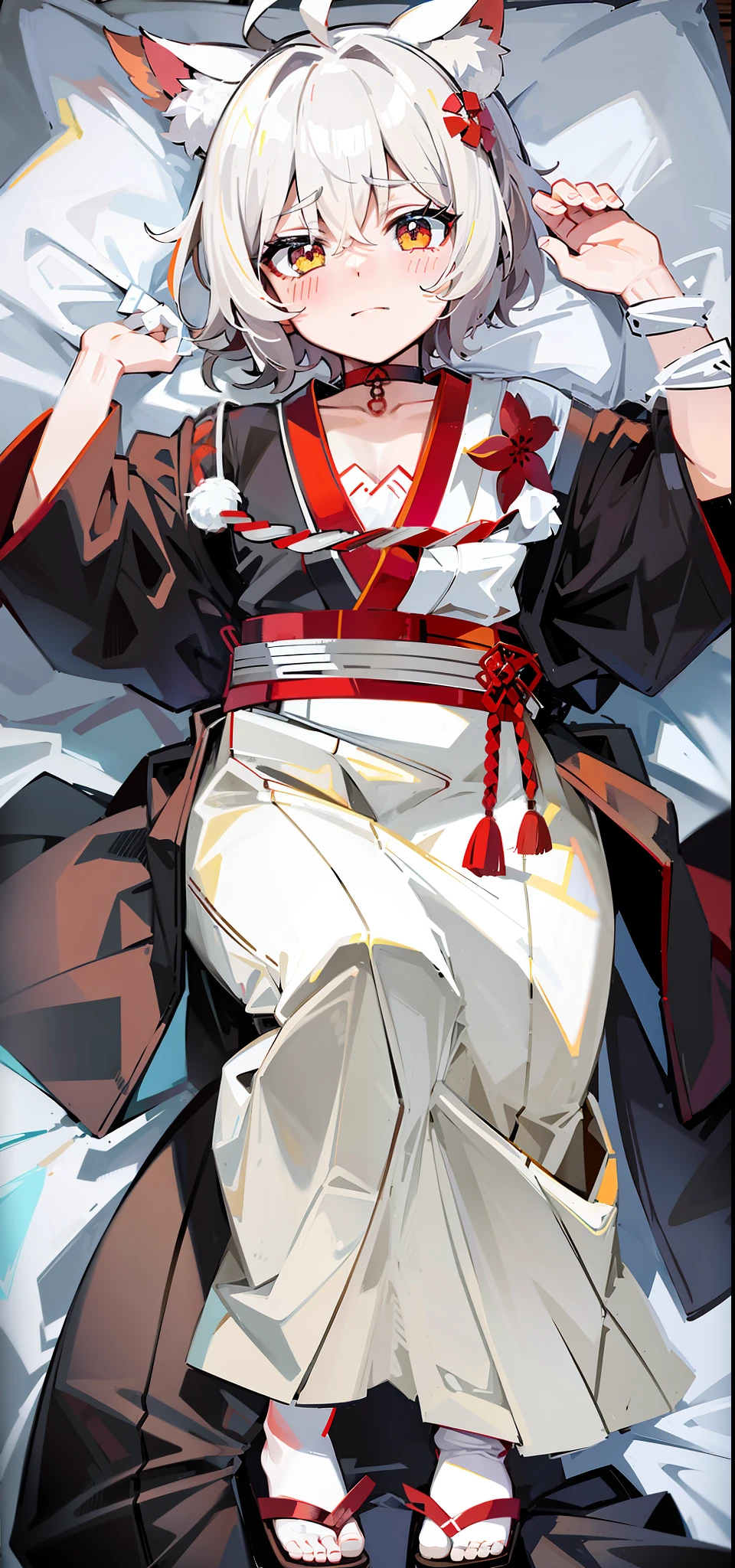 Black furan,Light brown pants,Black hakama,Bed,dakimakura,white bed sheet,komono,Red and white belt,Short hair,hand