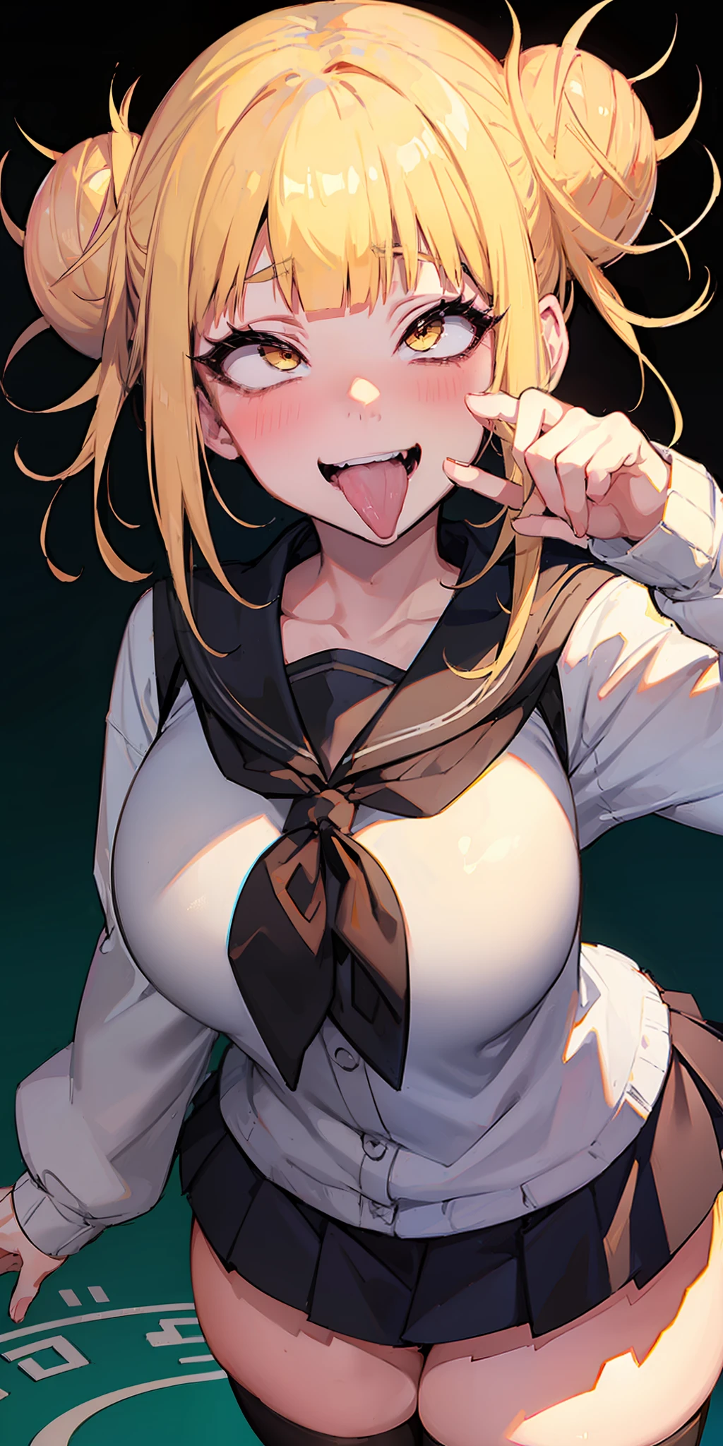 toga himiko, boku no hero academia, 1girl, bangs, black sailor collar, black thighhighs, blonde hair, blue sailor collar, blunt bangs, blush,, brown cardigan, cowboy shot, double bun, grin, hair , yellow eyes , long sleeves, messy hair, narrowed eyes, smile, big breasts. 8K, ultra detailed, beautiful and aesthetic, High quality, beautiful, masterpiece, best quality, standing, leaning forward, shiny skin, tongue out of mouth, blush, sexy body, defined body, perfect eyes, tongue out, blush, crossed eyes, (((close up face)))