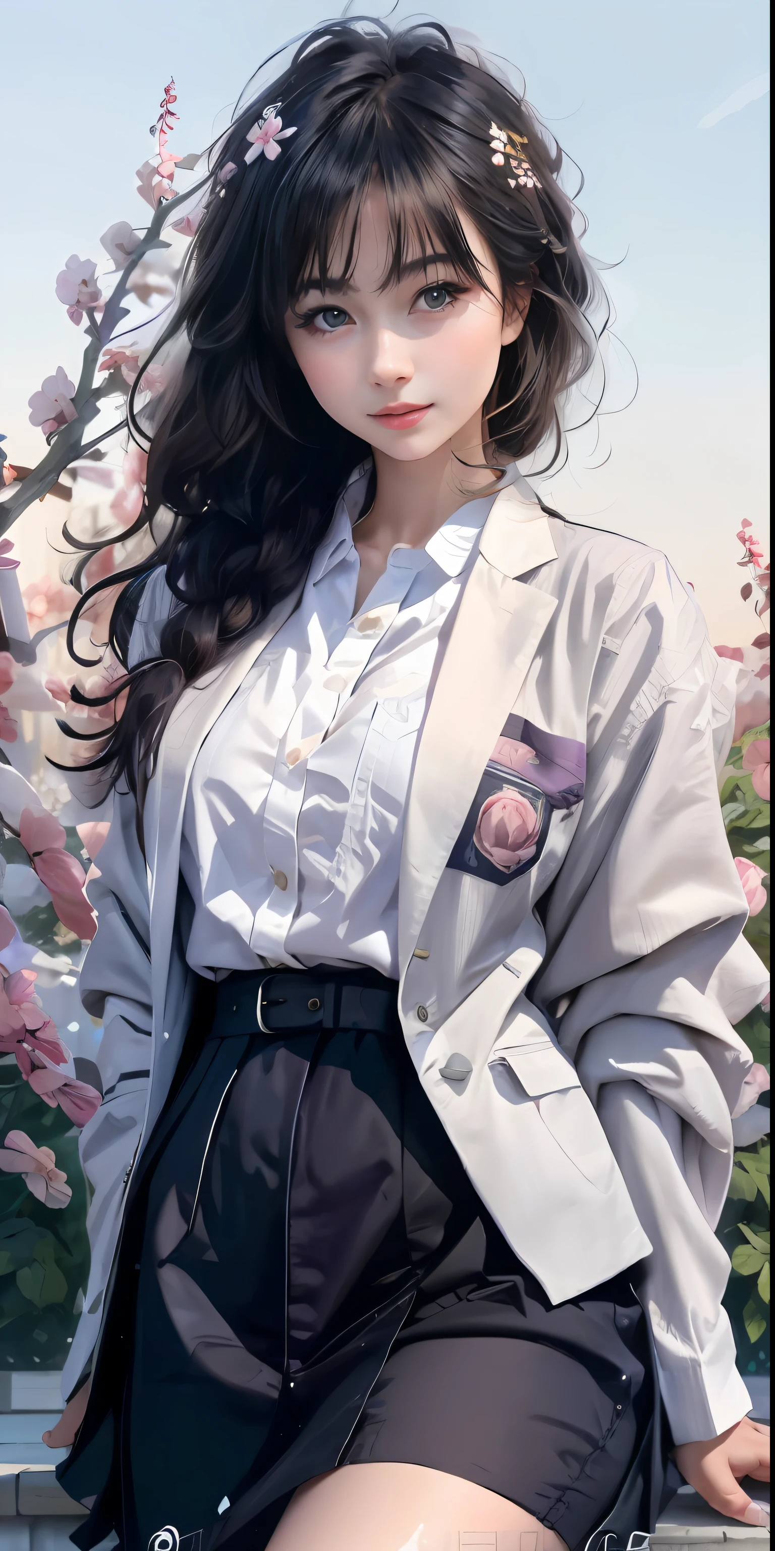 best qualtiy, tmasterpiece, 1girll, beauitful face, (photograph realistic:1.3), edge lit, (highdetailskin:1.2), 8K UHD, digital SLR camera, high high quality, A high resolution, 4K, 8K, Bokeh, absurderes, Optimally proportioned hands, (realisticlying:1.3), Cute 1girl, Wearing a black formal blazer, mediuml breasts, short skirt,Simple colorful stitching background,Simple background color and sky blue background,A plum blossom background