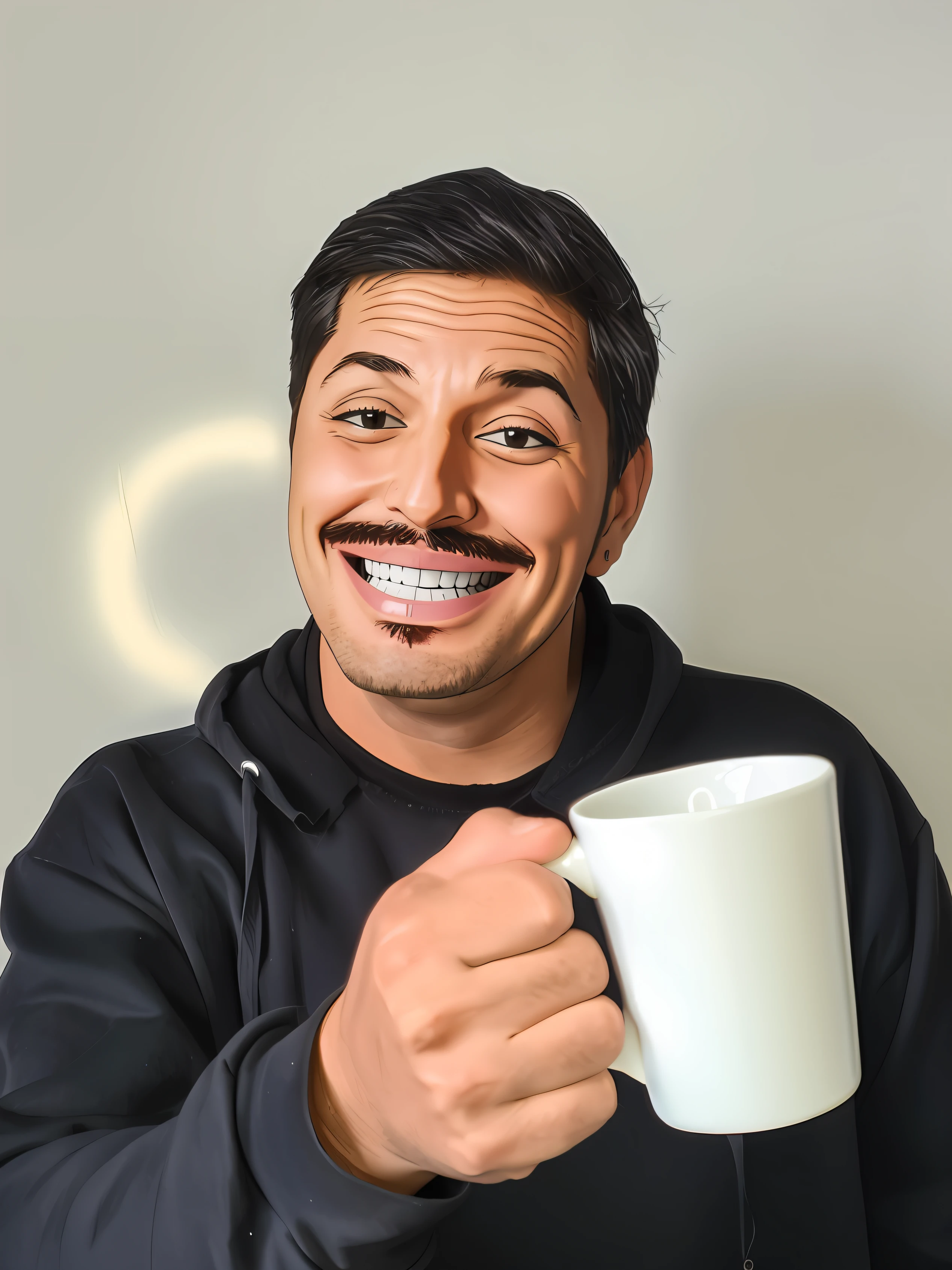 Homem com um sorriso bonito, rosto limpo, segurando uma caneca com leite, with a drunken face, on a single-color background, High quality image in realistic animation style.