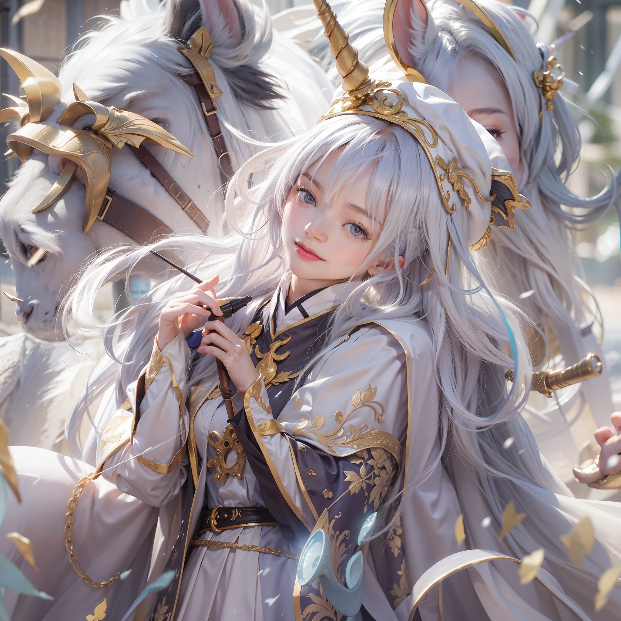 top-quality, ​masterpiece, high-level image quality, 1 girl in、（Unicorn horns from the forehead）、snow-white hair、a beauty girl、、a picture, hight resolution, 4K, 8K, Society Sisters、Monastic cap、Monastic uniforms、Hold the wand、Looking at the camera、A smile、great outdoors