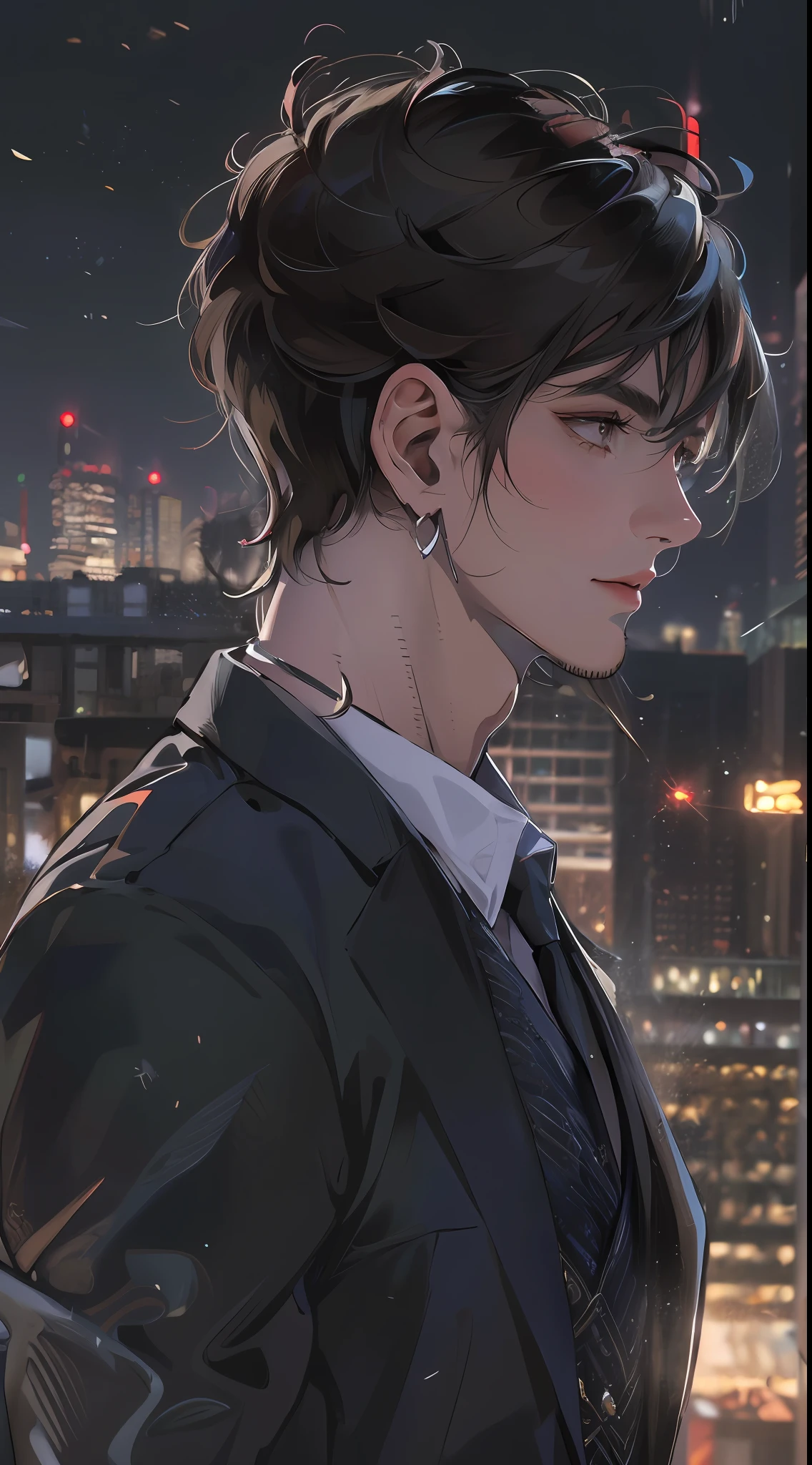 (absurdres, highres, ultra detailed, realistic, ), 1 male, solo, adult, mature, tall muscular guy, broad shoulders, handsome, very short hair, black hair, brown eyes, angular jaw, thick neck, thick eyebrows, night, dark, the night view of the city background, formal suit, necktie, upper body