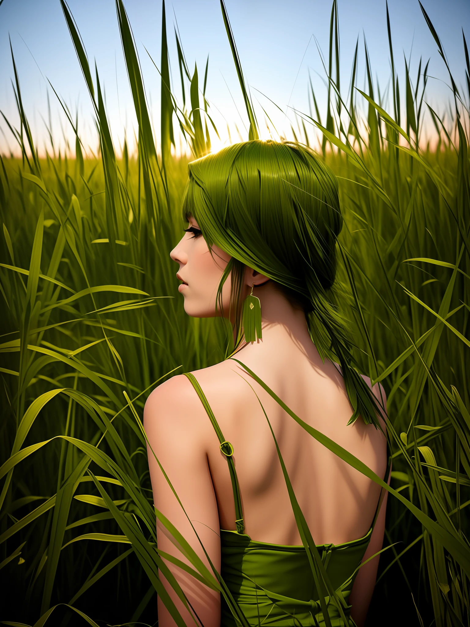 Arapei in a green dress stands in the tall grass, on a grassy field, on a grassy field, standing in tall grass, in the high grass, in a open green field, in a large grassy green field, Shoot from behind the blades of grass, in a field, In the grass, standing in grassy field, standing in grassy field, long thick grass