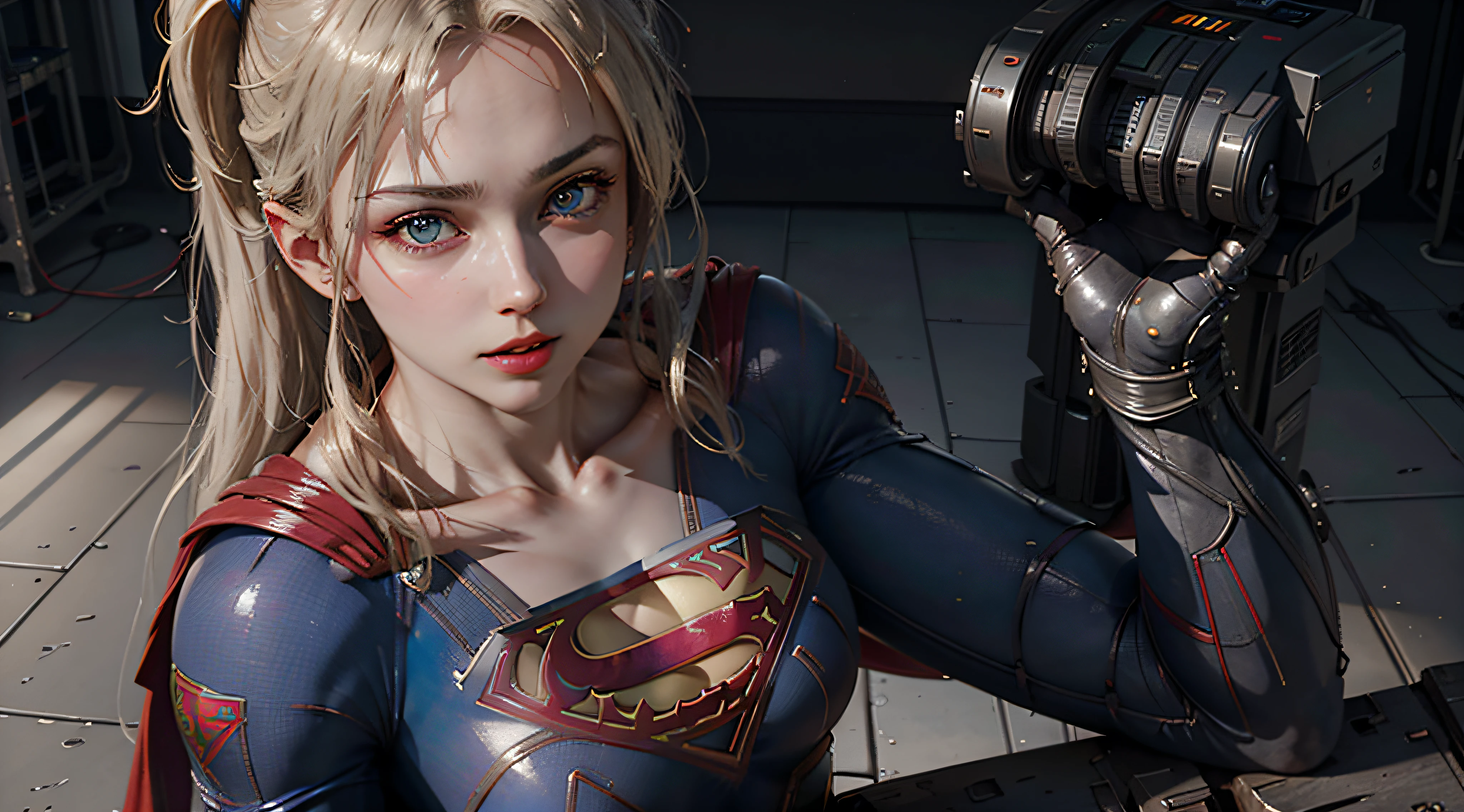 ((Best Supergirl Quality)), ((masterpiece)), (detailed: 1.4), 3D, an image of a beautiful blonde woman with cyberpunk blue eyes,HDR (High Dynamic Range),Ray Tracing,NVIDIA RTX,Super-Resolution,Unreal 5,Subsurface Dispersion, PBR Texture, Post-processing, Anisotropic filtering, Depth of field, Maximum clarity and sharpness, Multilayer textures, Albedo and specular maps, Surface shading, Accurate simulation of light-material interaction,  Perfect Proportions, Octane Render, Two-Tone Lighting,Wide Aperture,Low ISO,White Balance,Rule of Thirds,8K RAW, Using Superman S symbol on Chest. Cyberpunk.